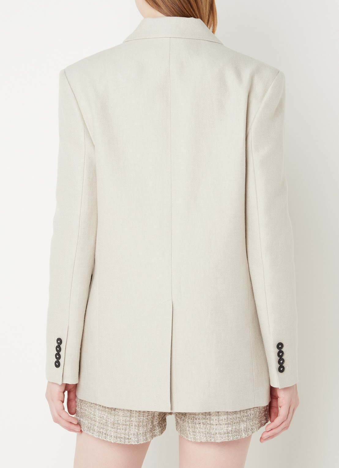 IRO Clia double-breasted blazer in linnenblend met klepzakken - achterkant donkerbeige