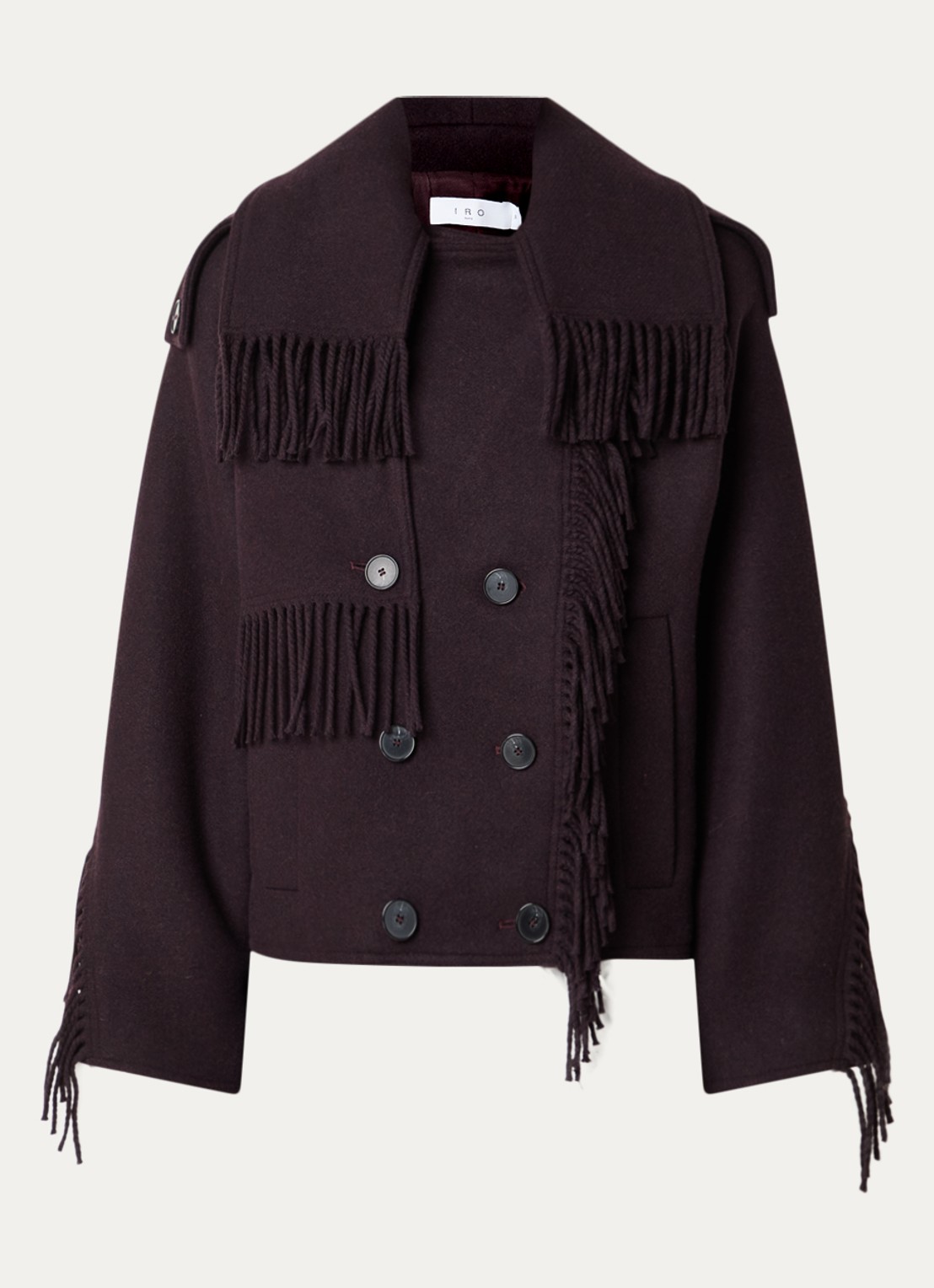 IRO Daring double-breasted mantel in wolblend met franjes - voorkant 3 aubergine