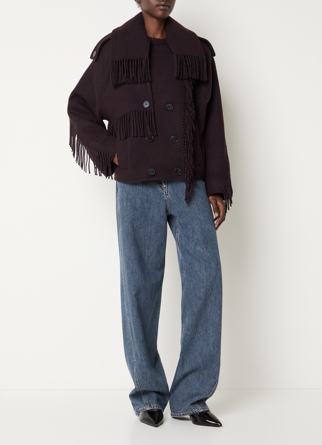 IRO Daring double-breasted mantel in wolblend met franjes - voorkant 4 aubergine