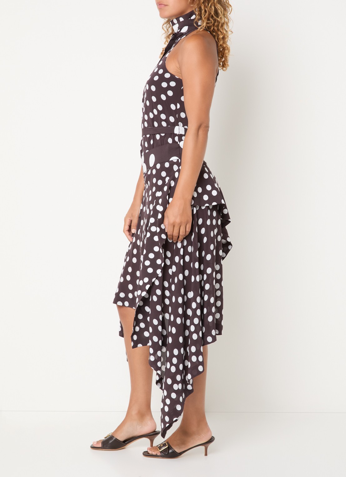 IRO Delila midi jurk met stippenprint en asymmetrisch detail - detail 3 donkerbruin