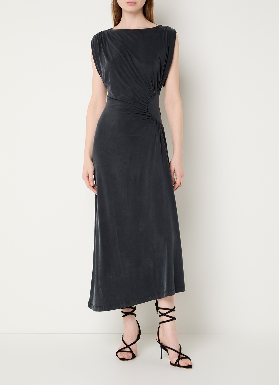 IRO Eoane midi jurk met asymmetrische zoom - detail antraciet