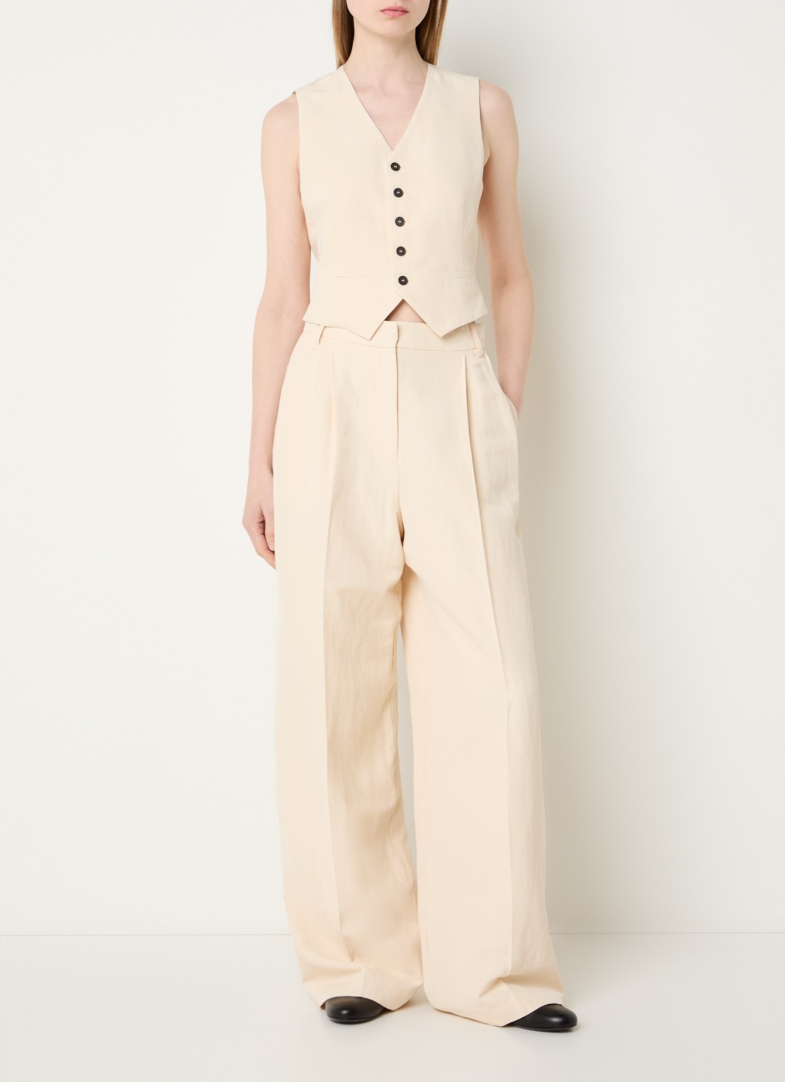 IRO Hayda high waist wide fit pantalon in linnenblend - voorkant 2 vanillegeel