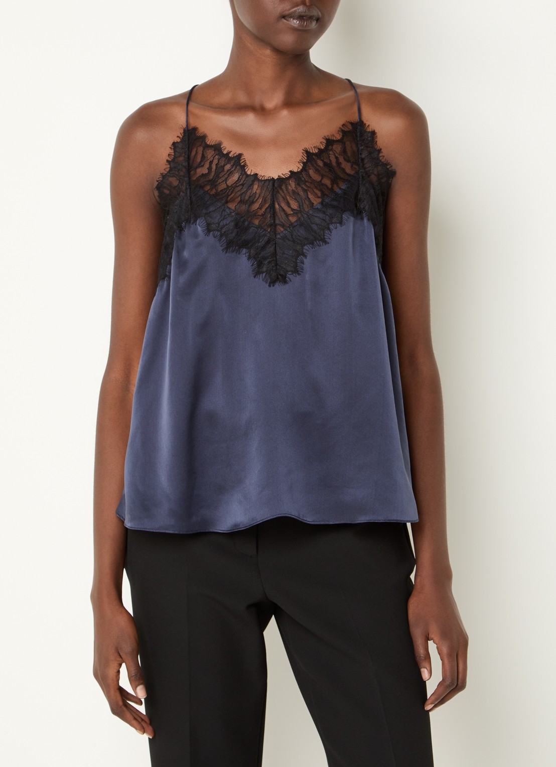 IRO Newin spaghettitop van zijde met details van kant - detail donkerblauw