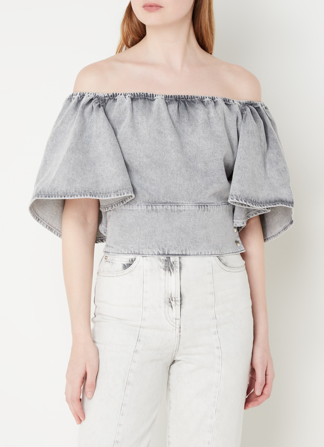IRO Off shoulder top van denim met knoopdetail - detail 2 grijsmele