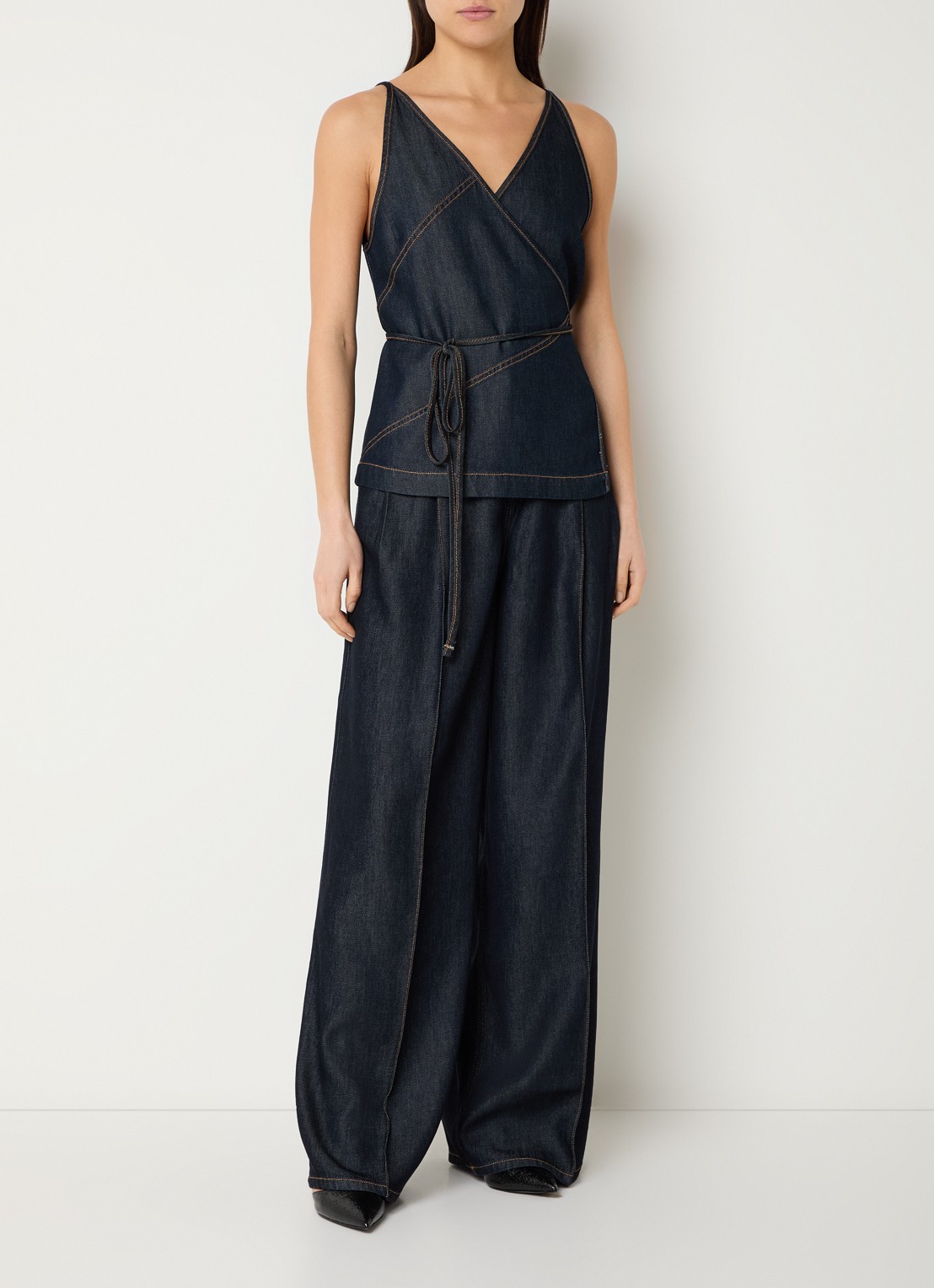 IRO Renata top van chambray met strikceintuur - voorkant 3 indigo