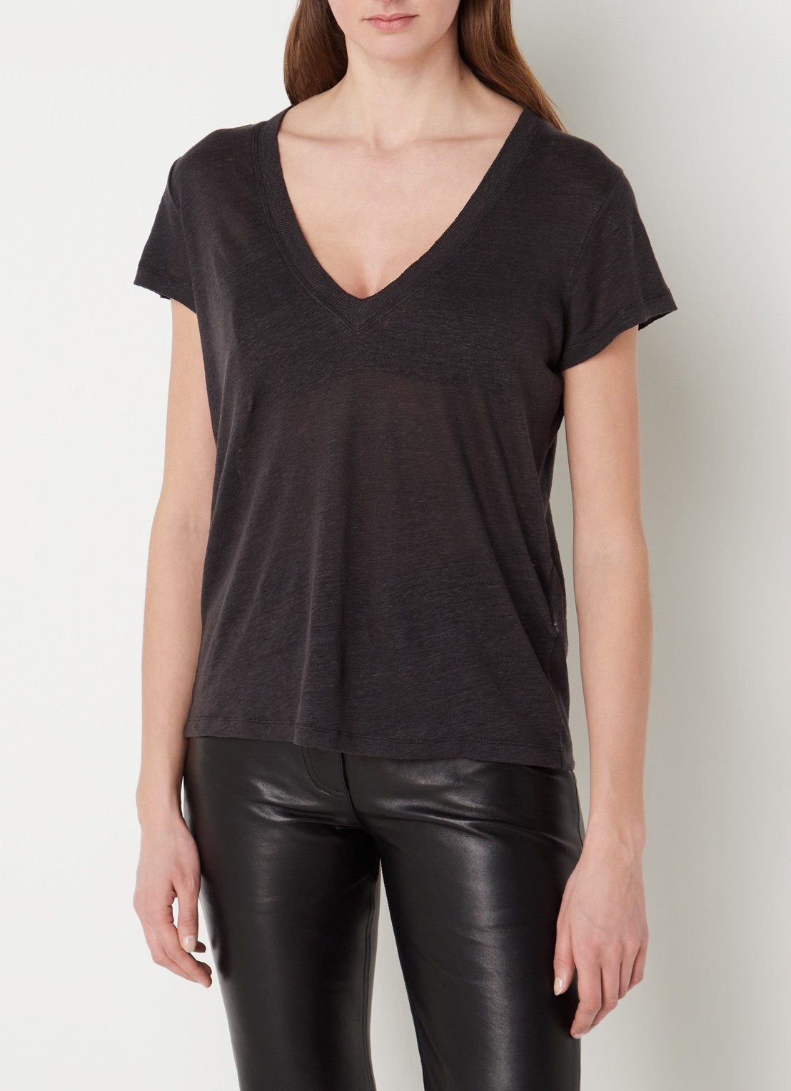 IRO Rodeo T-shirt van linnen met V-hals - detail 2 antraciet