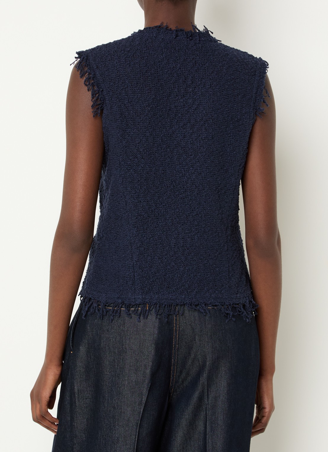 IRO Shanny gilet met franjes en paspelzakken - achterkant donkerblauw