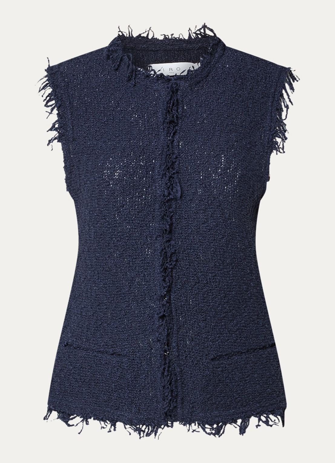 IRO Shanny gilet met franjes en paspelzakken - voorkant 2 donkerblauw