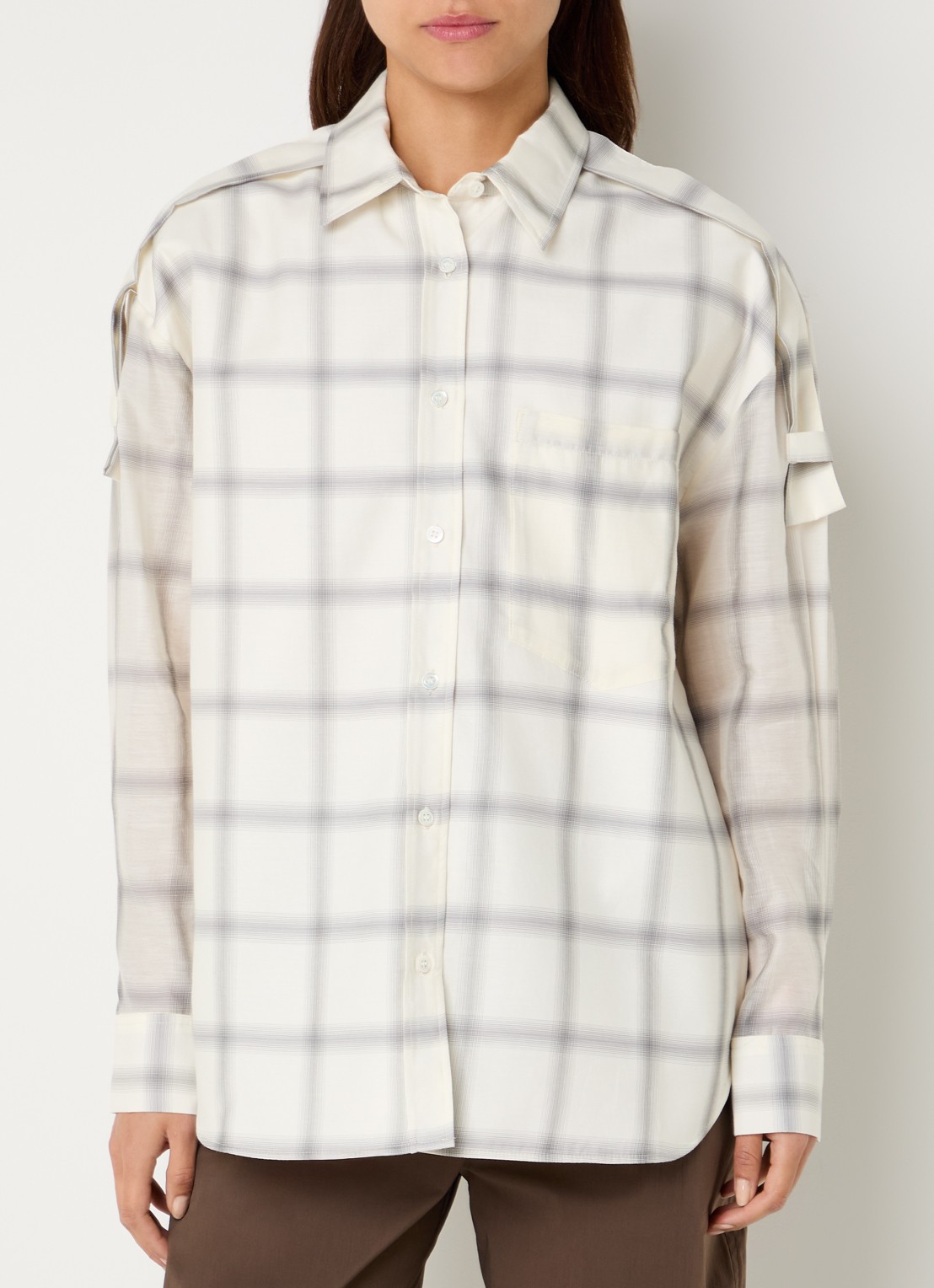 IRO Softy oversized blouse in zijdeblend met ruitdessin - detail gebroken wit