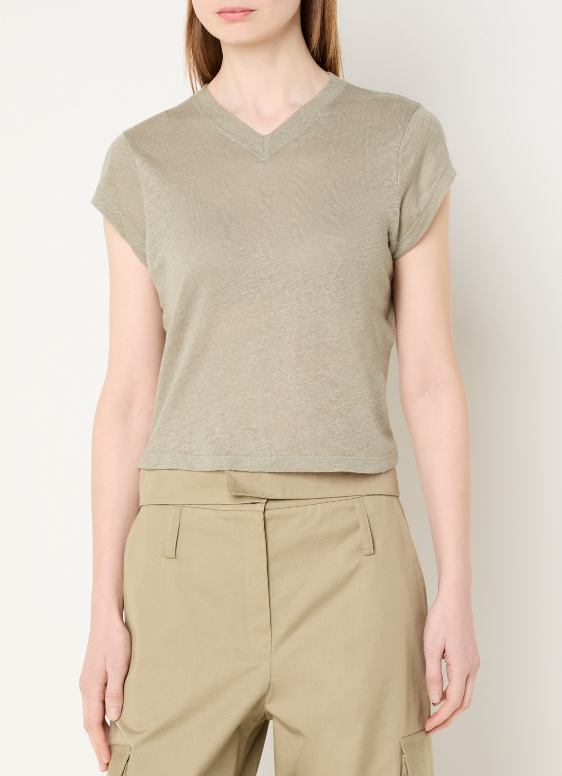 IRO Sybel T-shirt van linnen met V-hals - detail olijfgroen