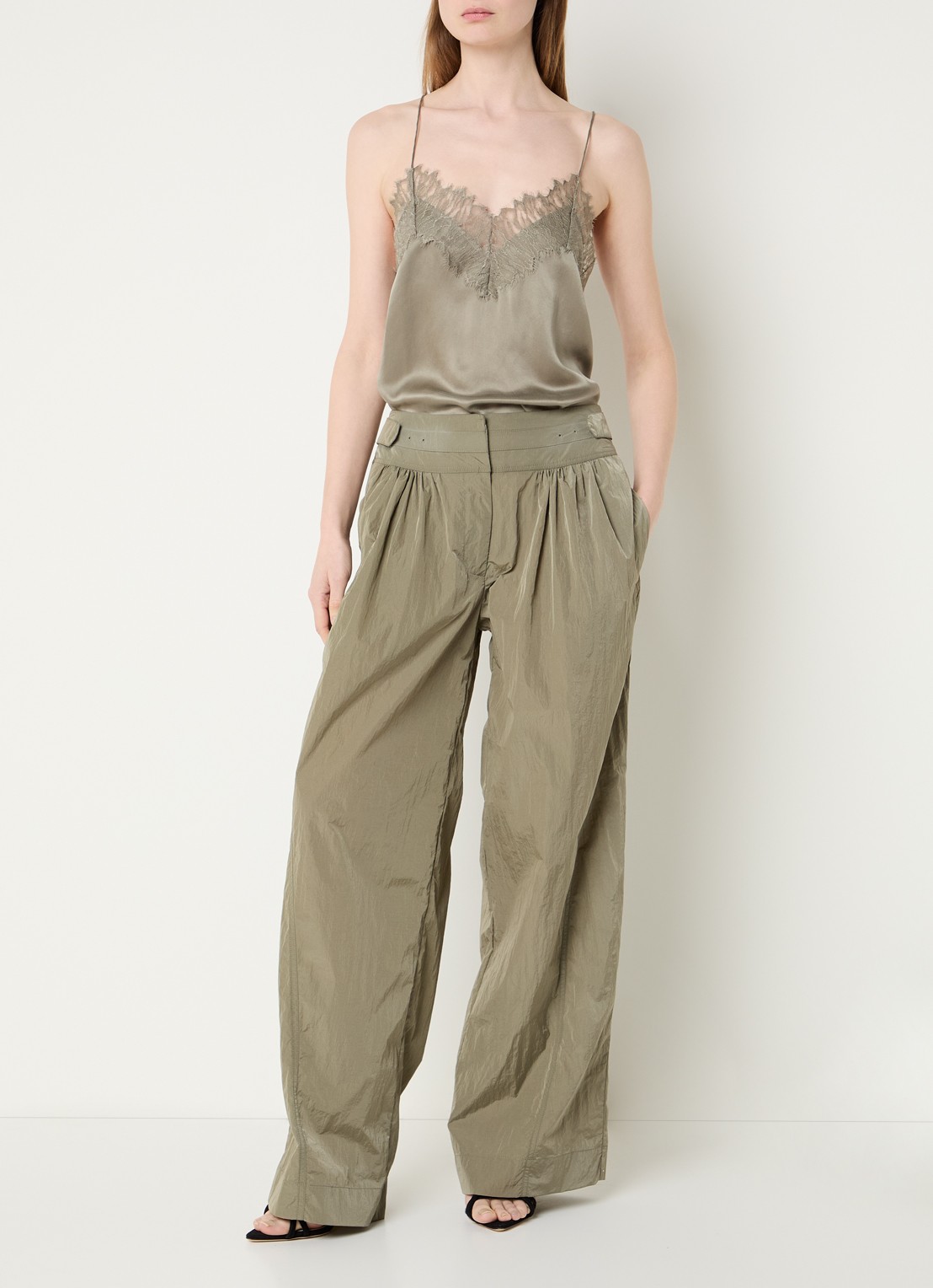 IRO Wanni high waist wide leg trackbroek  - voorkant 4 olijfgroen