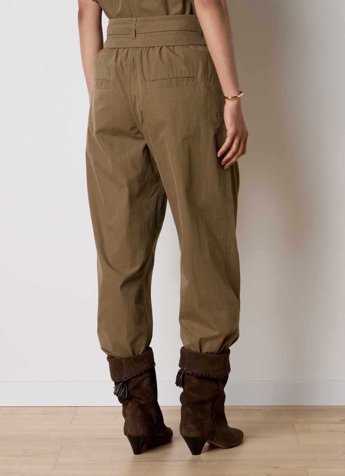 Isabel Marant Celia high waist loose fit broek met ceintuur - achterkant khaki