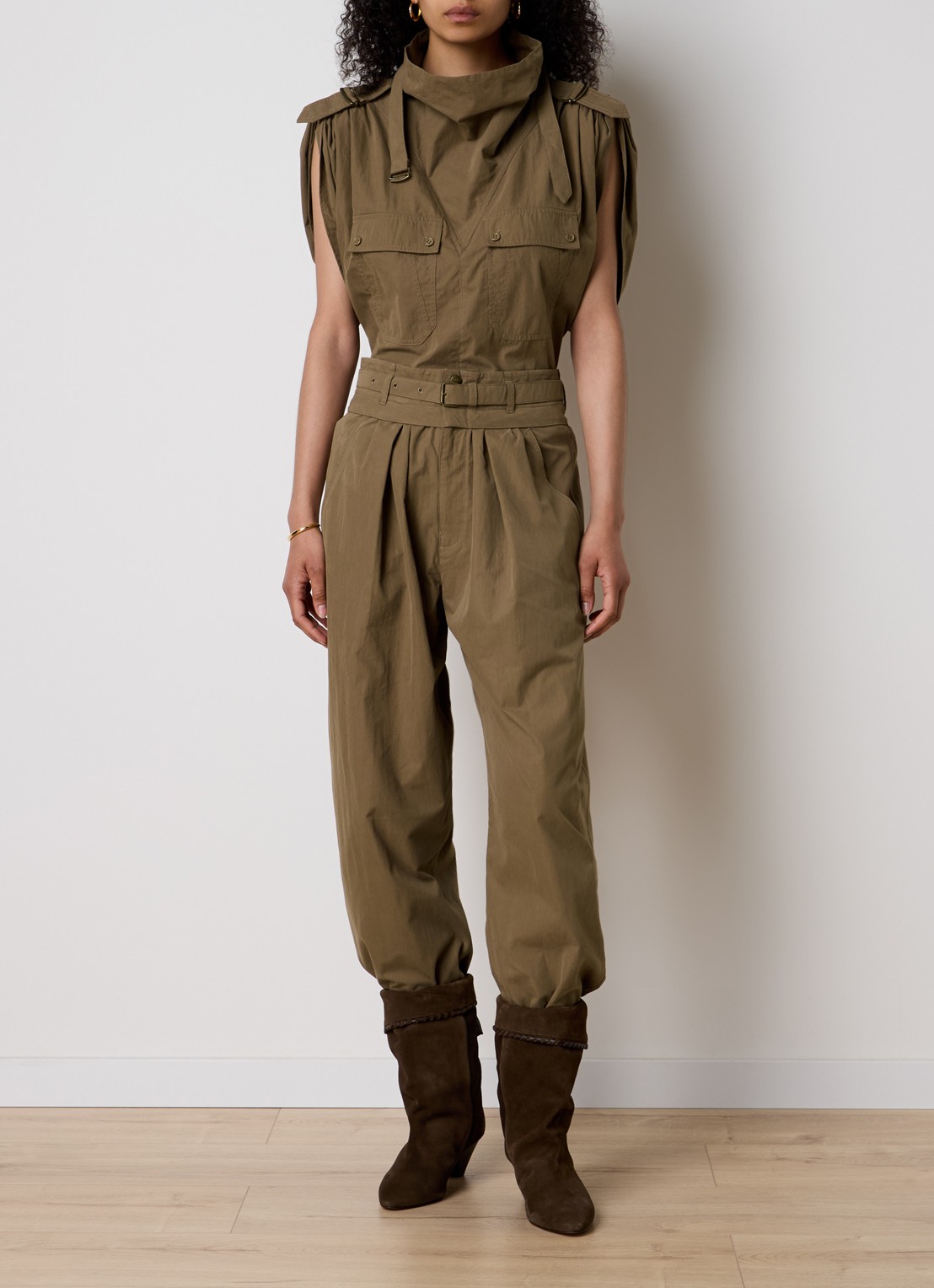 Isabel Marant Celia high waist loose fit broek met ceintuur - voorkant 3 khaki