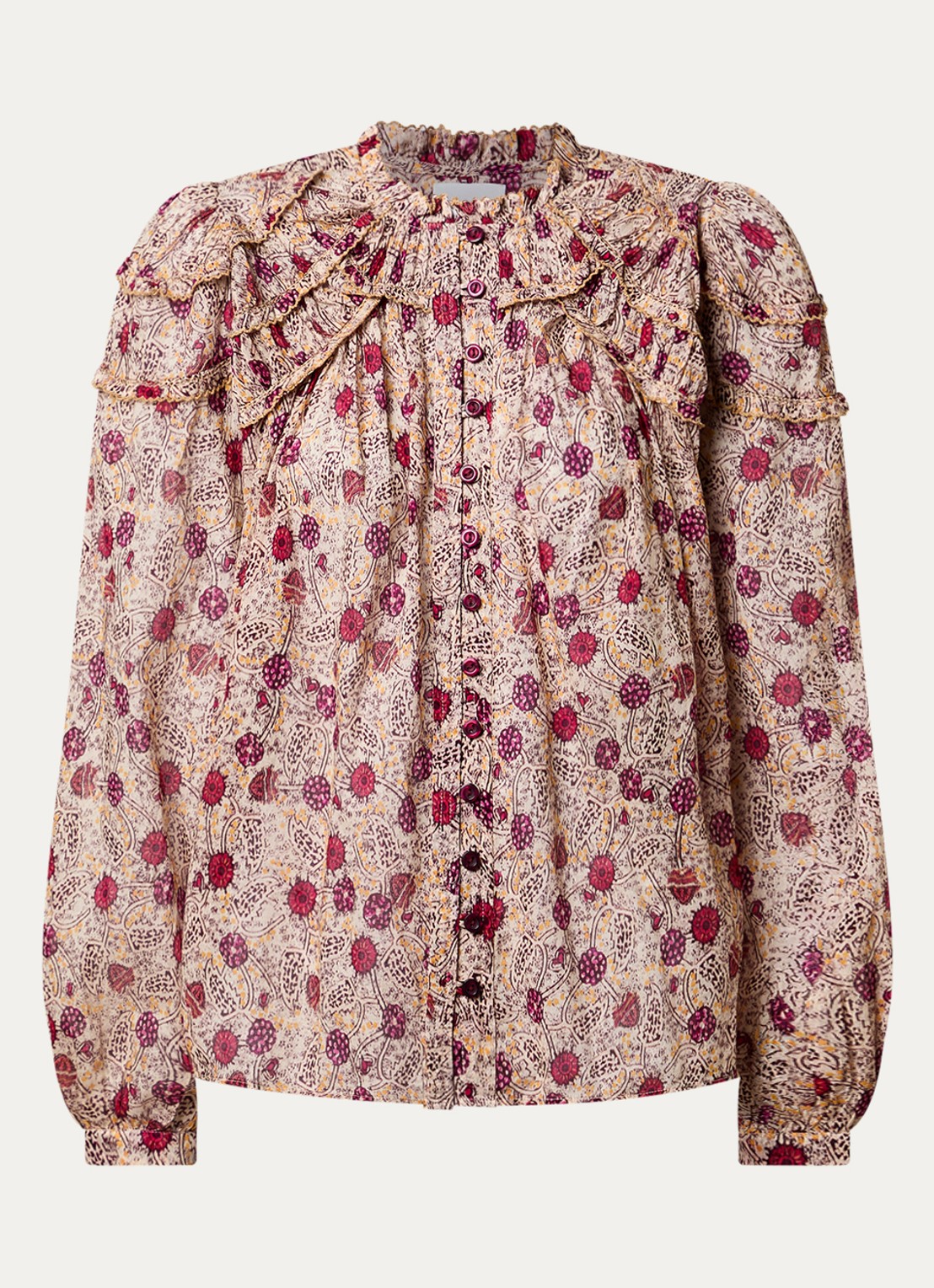 Isabel Marant Christa blouse met print en volant - voorkant beige