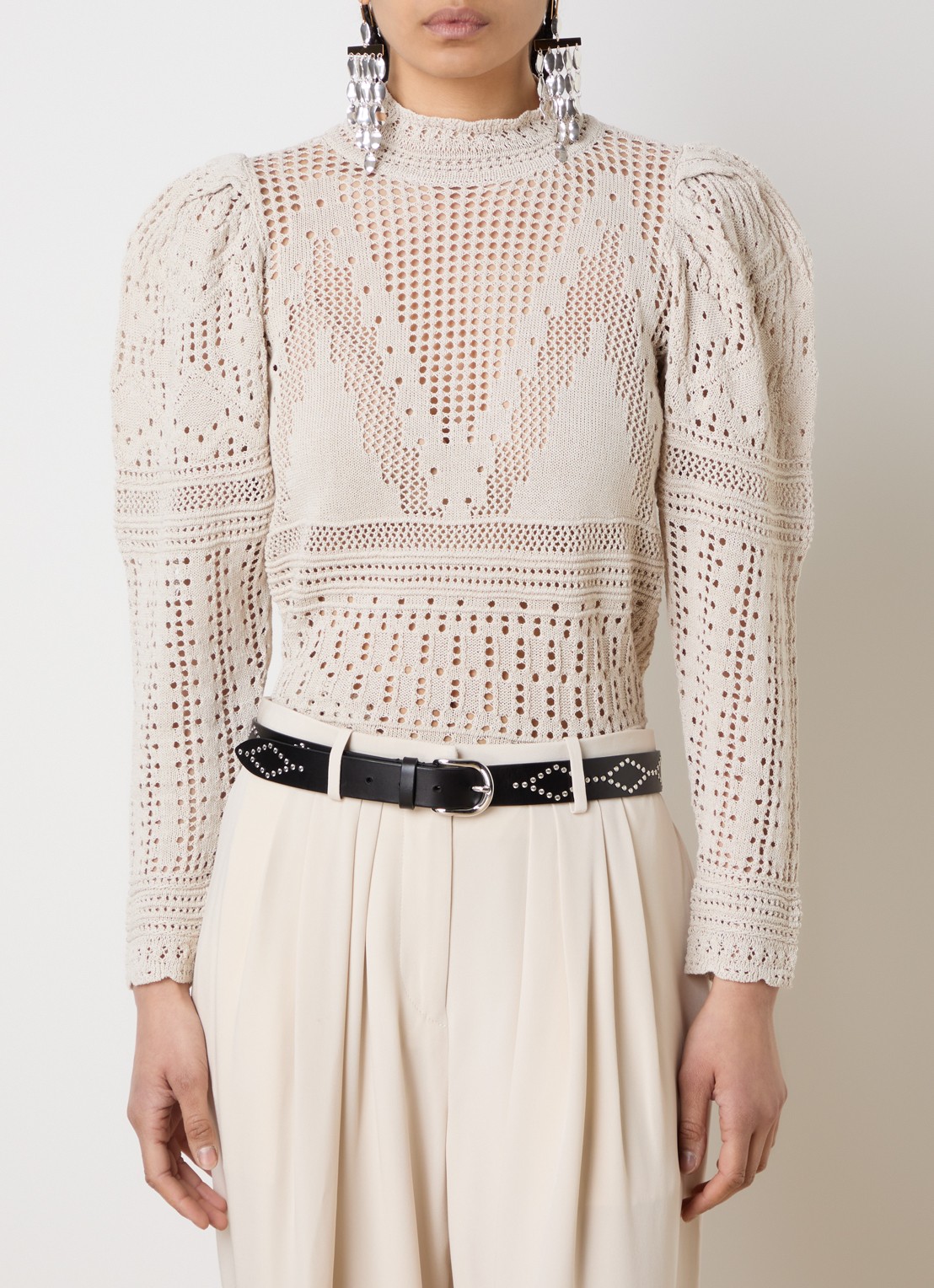 Isabel Marant Dahara grofgebreide top met opengewerkt dessin en pofmouw - detail 2 beige