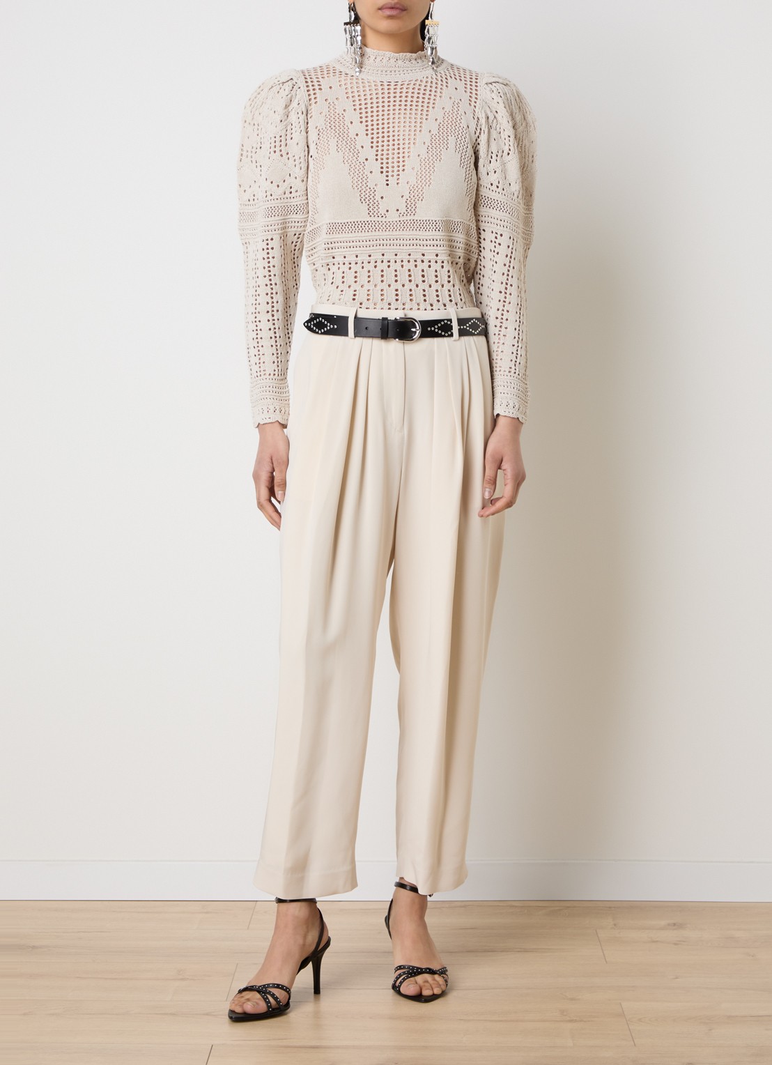 Isabel Marant Dahara grofgebreide top met opengewerkt dessin en pofmouw - voorkant 5 beige