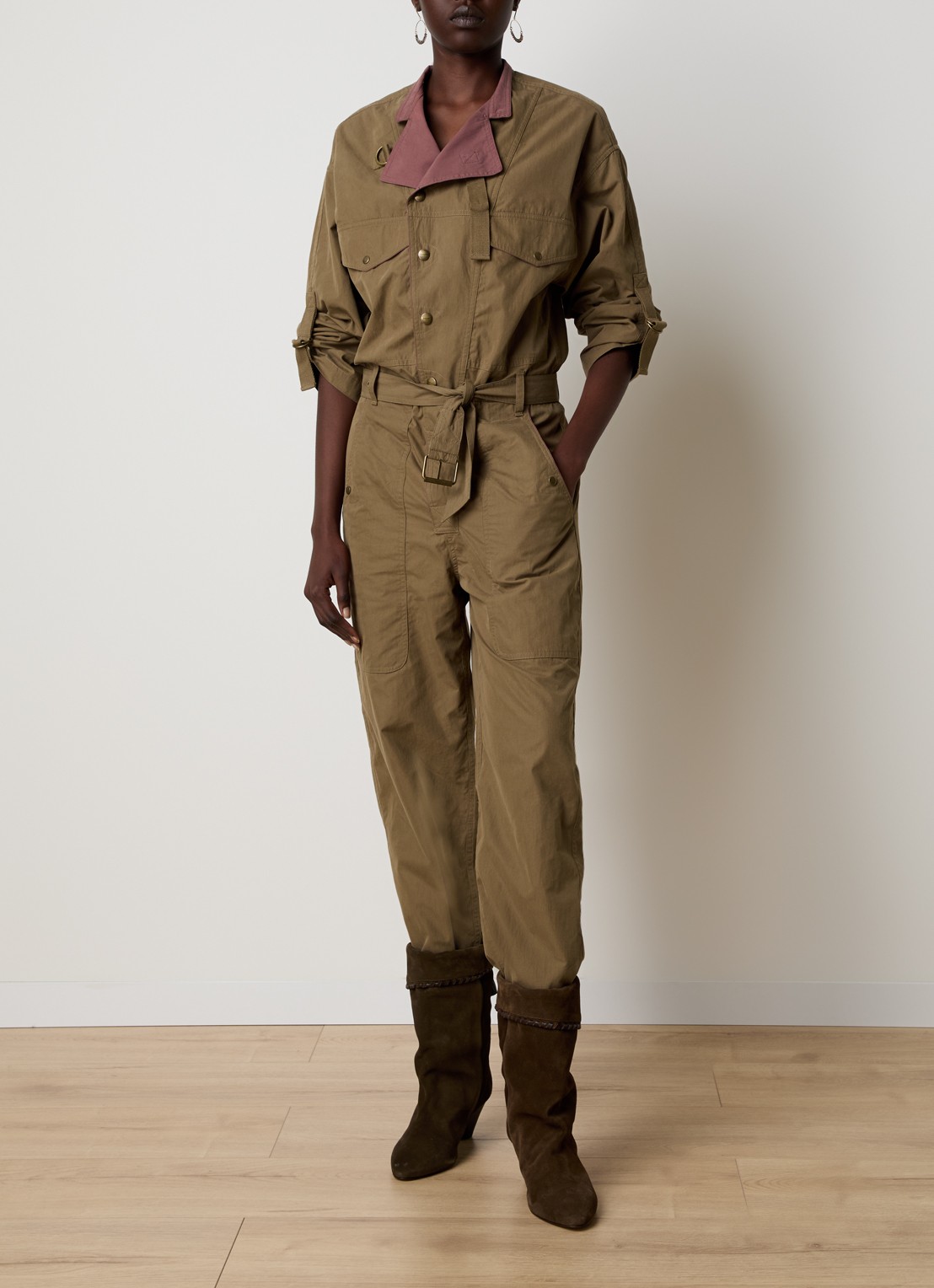 Isabel Marant Dahona tapered fit jumpsuit met steekzakken en strikceintuur - detail 4 khaki