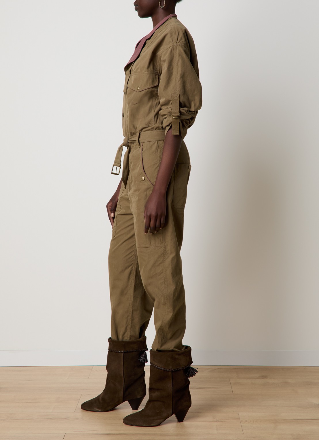 Isabel Marant Dahona tapered fit jumpsuit met steekzakken en strikceintuur - voorkant 3 khaki