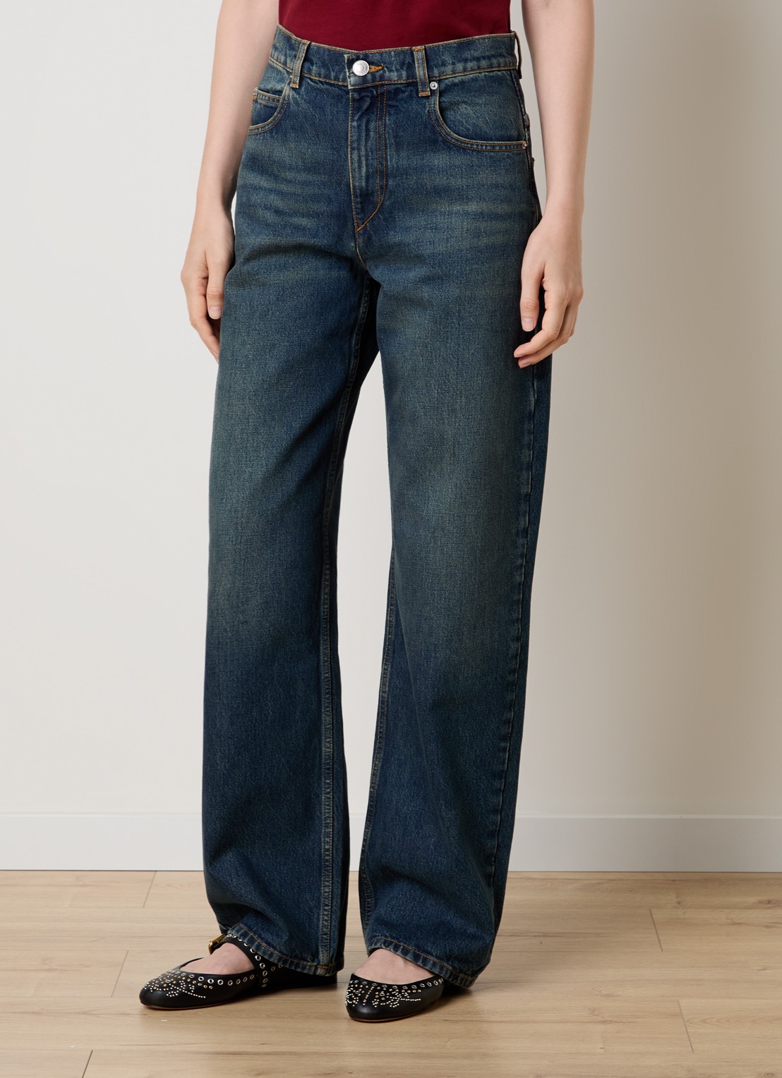 Isabel Marant Dromie high waist straight leg jeans met donkere wassing - detail indigo