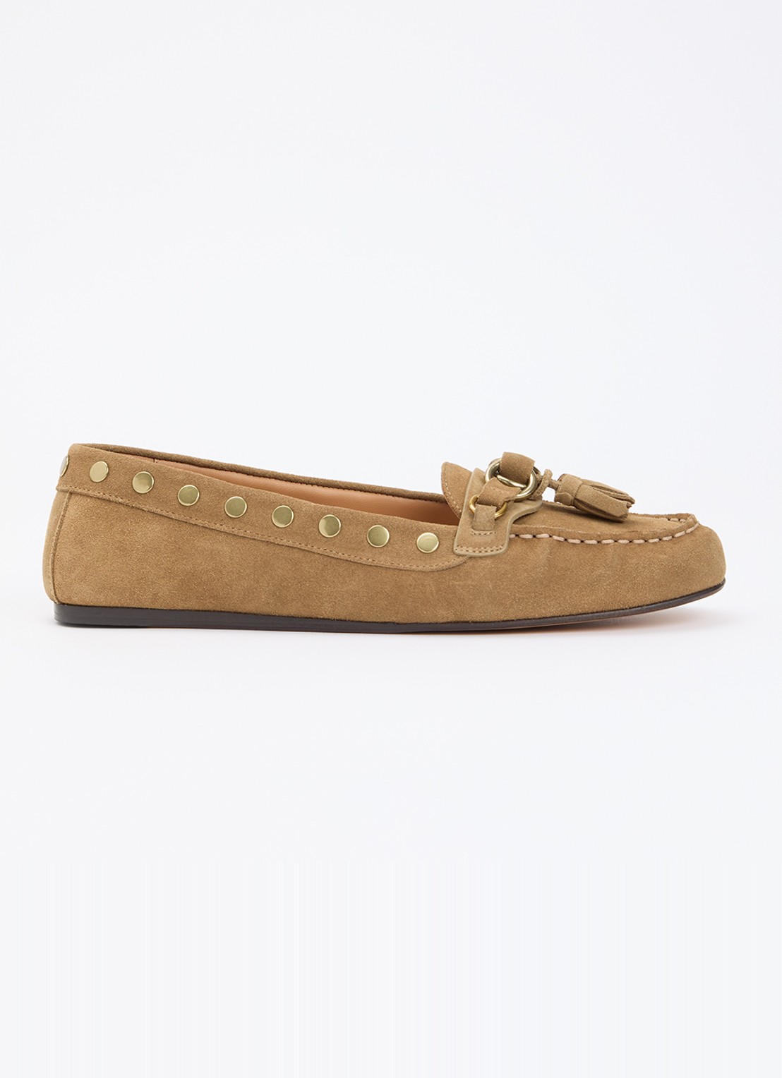 Isabel Marant Faxel loafer van kalfssuède met studs  - voorkant 6 camel