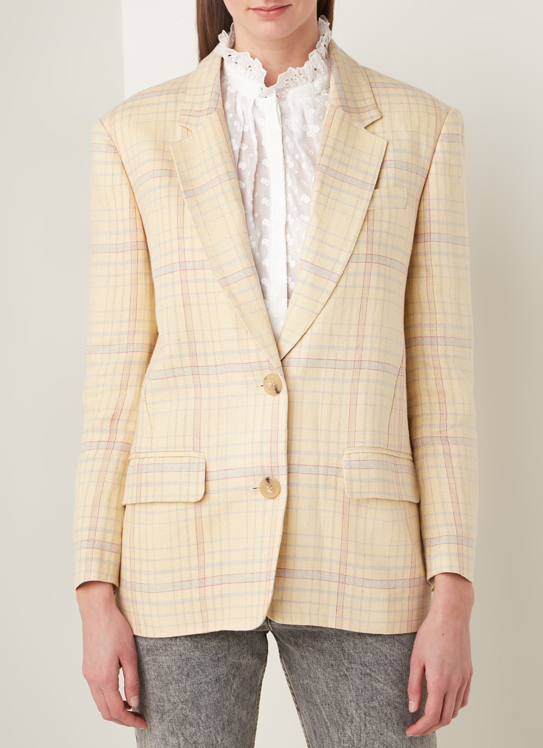 Isabel Marant Ilindea blazer van linnen met ruitdessin - detail 4 lichtgeel