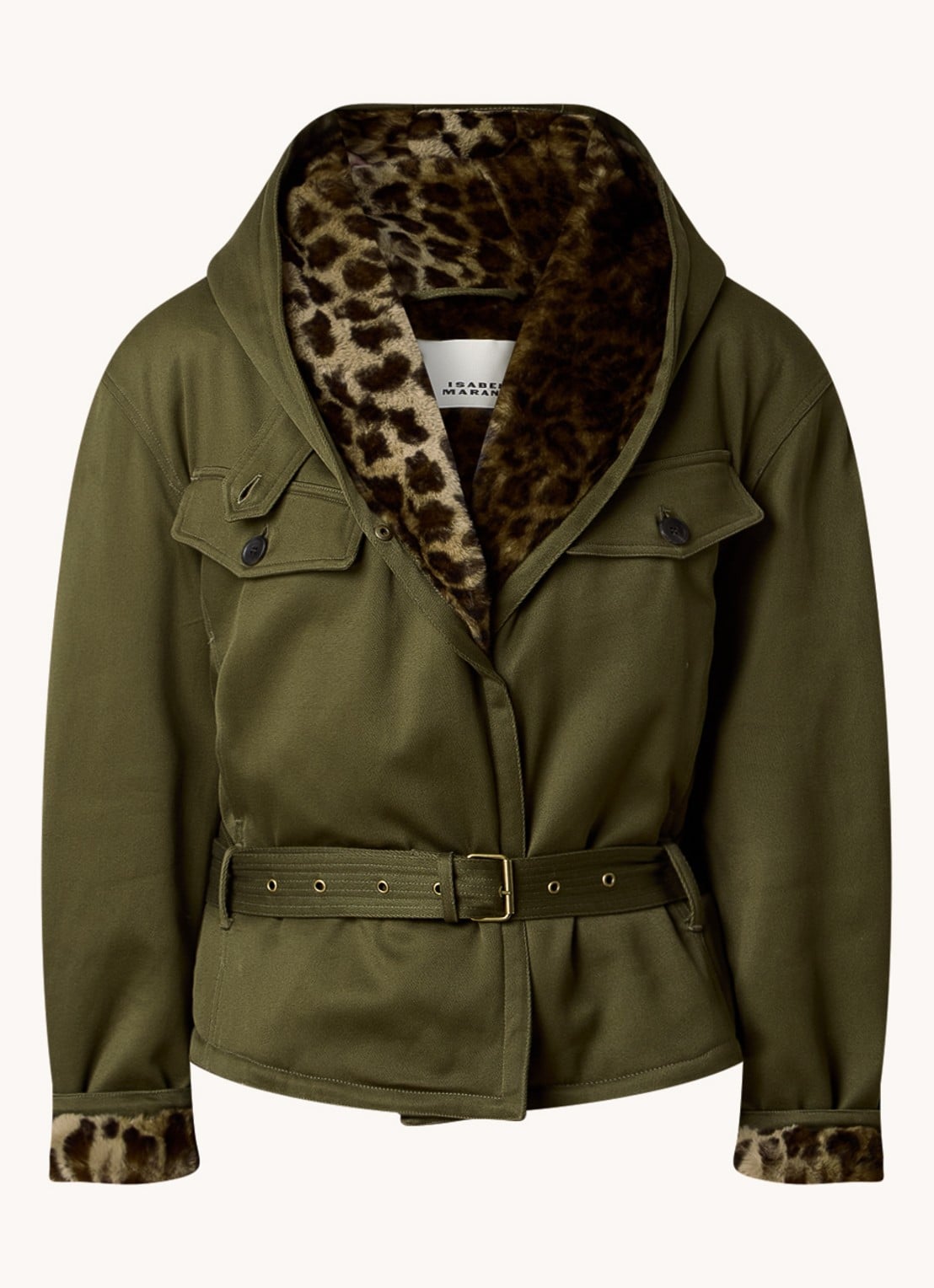 Isabel Marant Jerika jack met capuchon en ceintuur - voorkant 5 legergroen