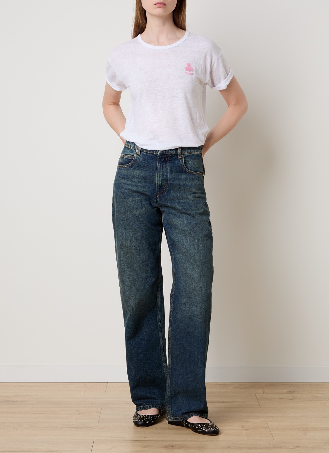 Isabel Marant Koldia semi-transparant T-shirt van linnen met flock logoprint - voorkant 4 wit