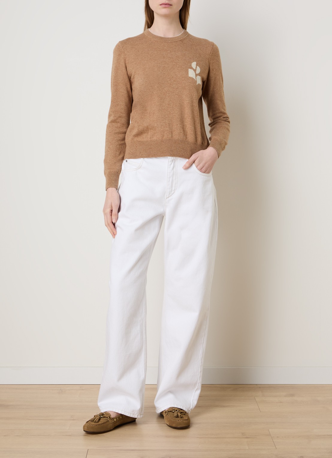 Isabel Marant Lanta fijngebreide trui in wolblend met ingebreide logo - voorkant 2 camel