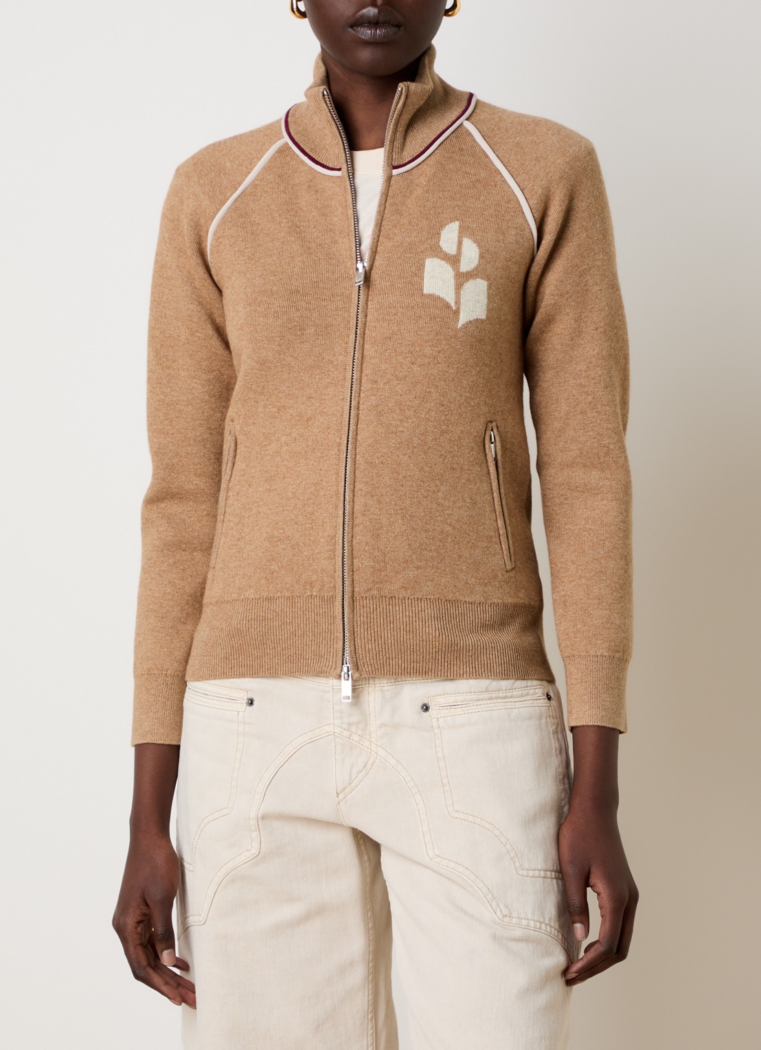 Isabel Marant Lanya fijngebreid vest in wolblend met ingebreid logo - detail 4 camel