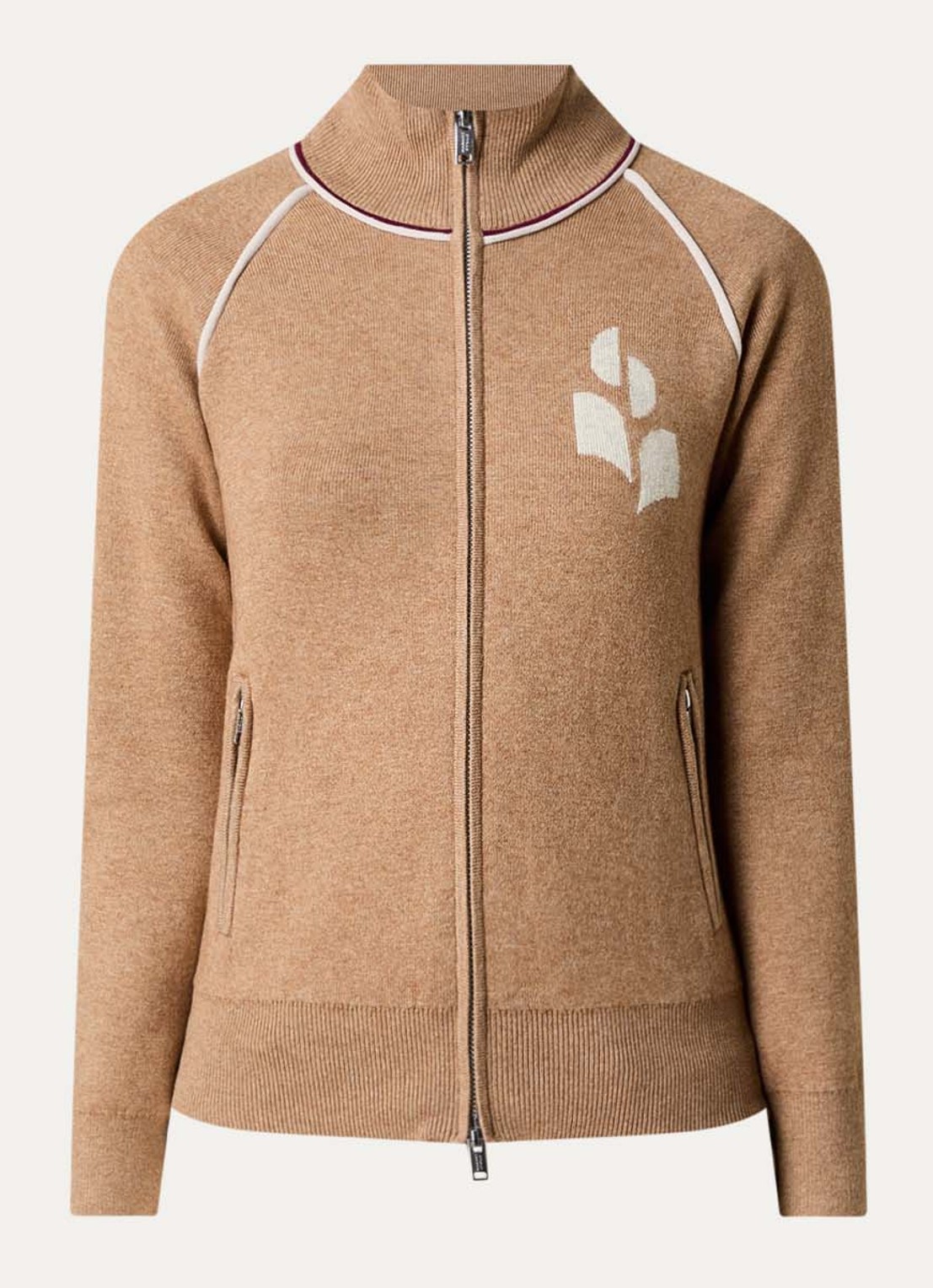 Isabel Marant Lanya fijngebreid vest in wolblend met ingebreid logo - voorkant 2 camel