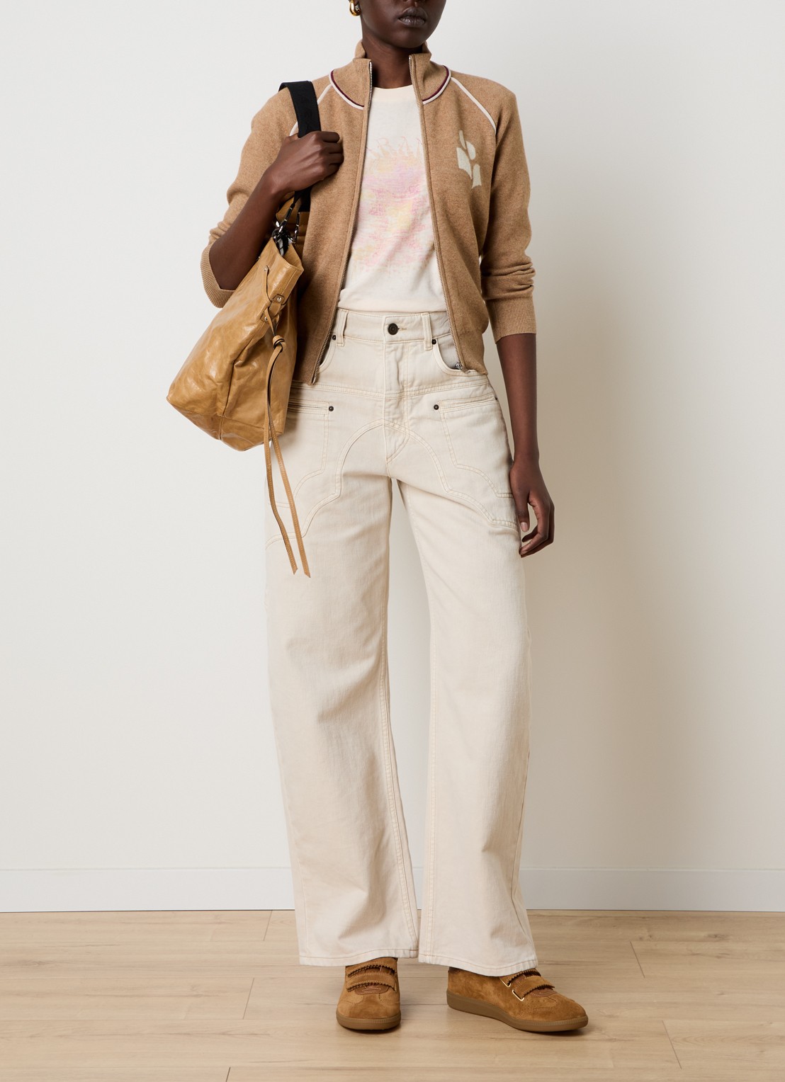 Isabel Marant Lanya fijngebreid vest in wolblend met ingebreid logo - voorkant 3 camel