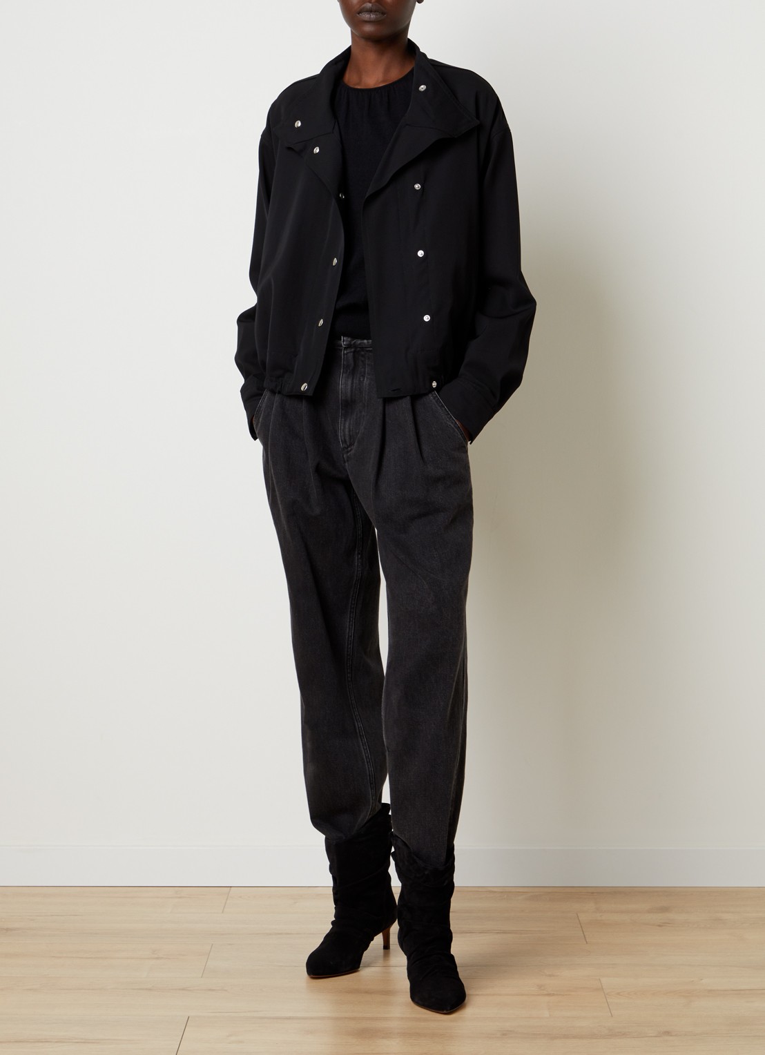 Isabel Marant Laura bomberjack van scheerwol met asymmetrisch detail - voorkant 6 zwart