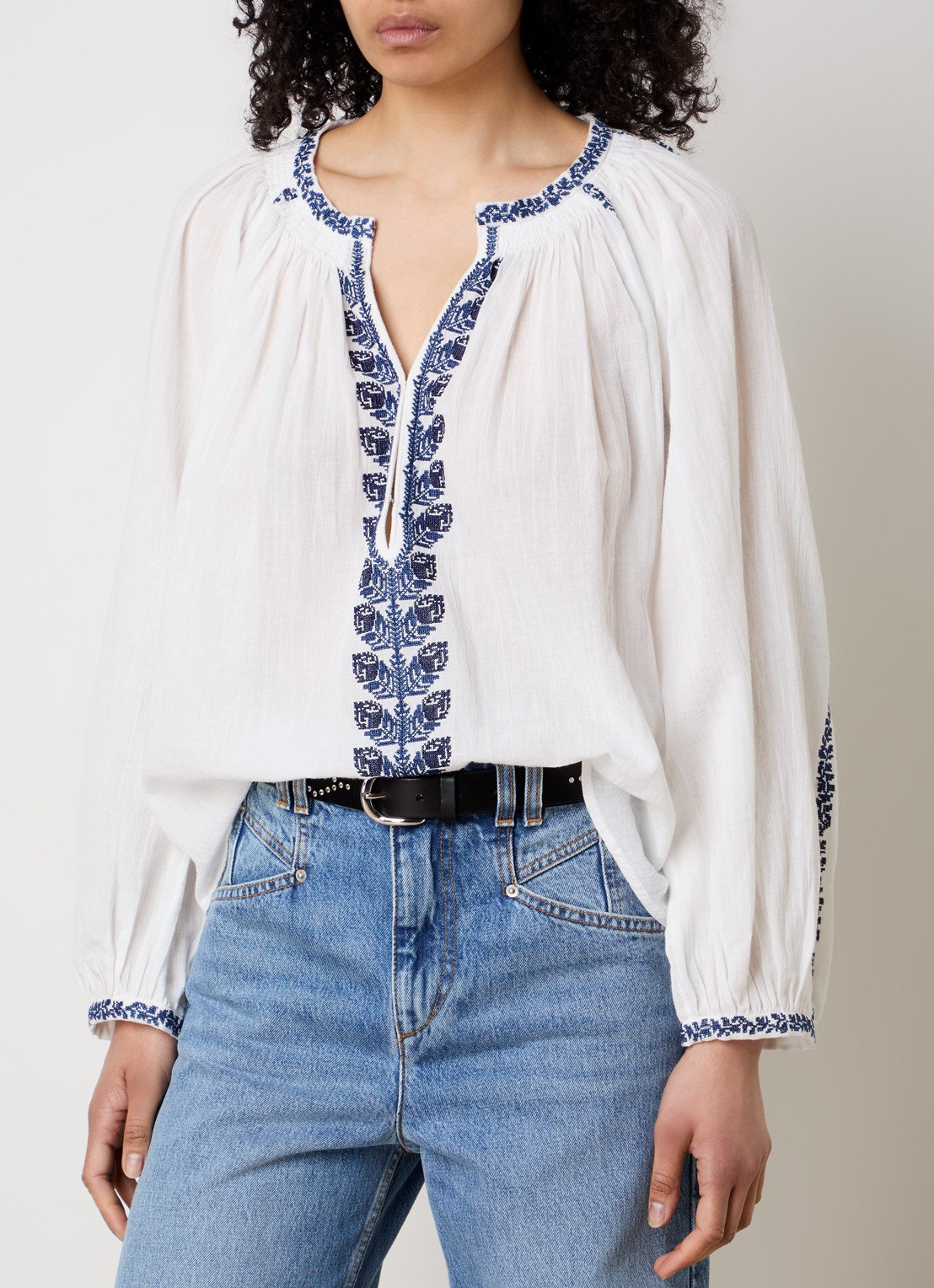 Isabel Marant Lena tuniek met V-hals en borduring - detail gebroken wit