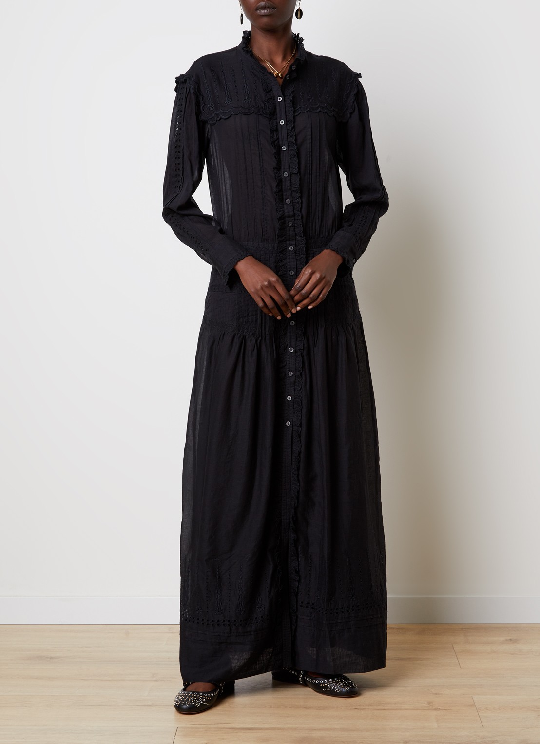 Isabel Marant Lonie maxi blousejurk met broderie - detail 4 zwart