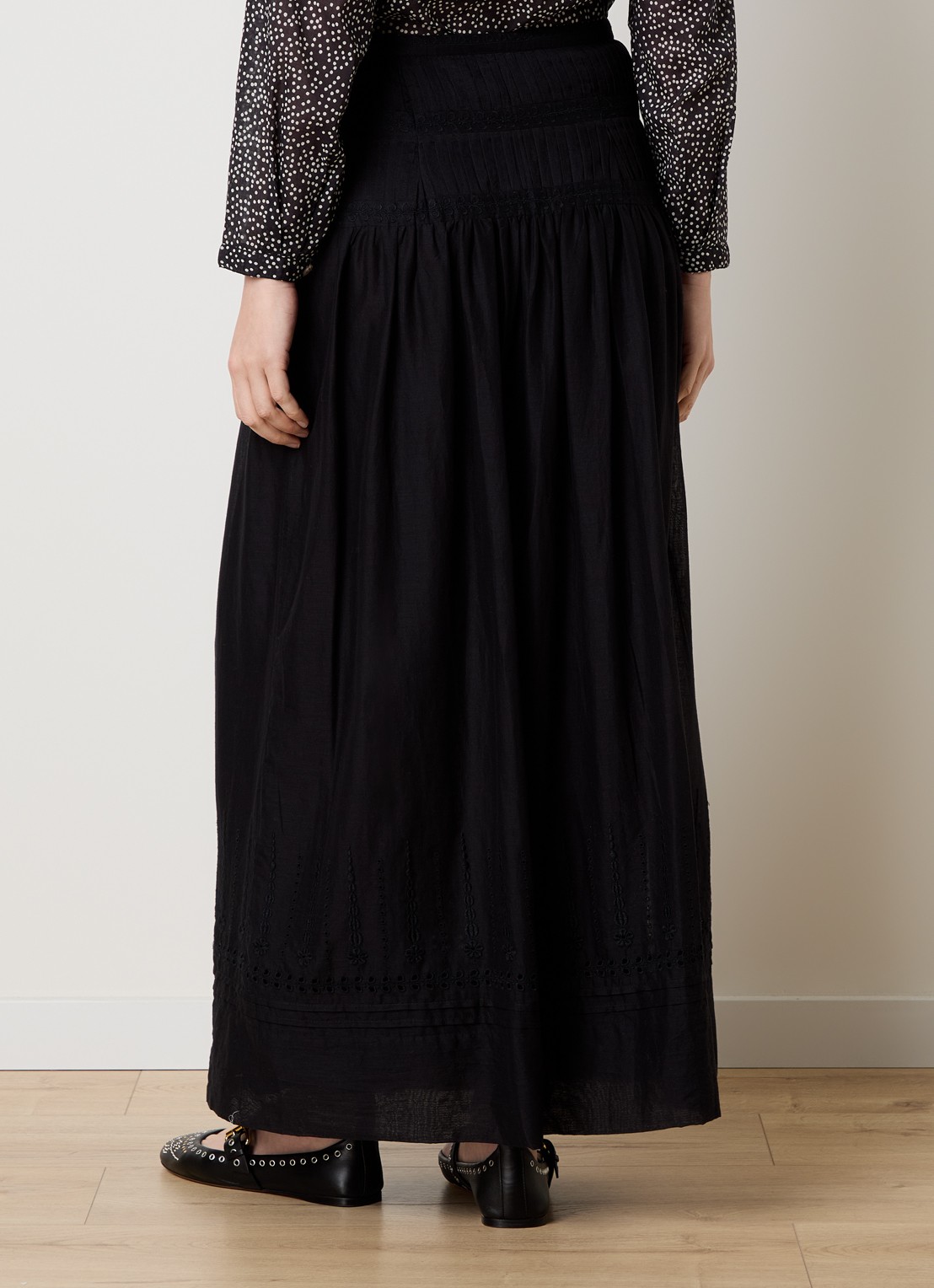 Isabel Marant Loraine maxi rok met borduring en volant - achterkant 3 zwart