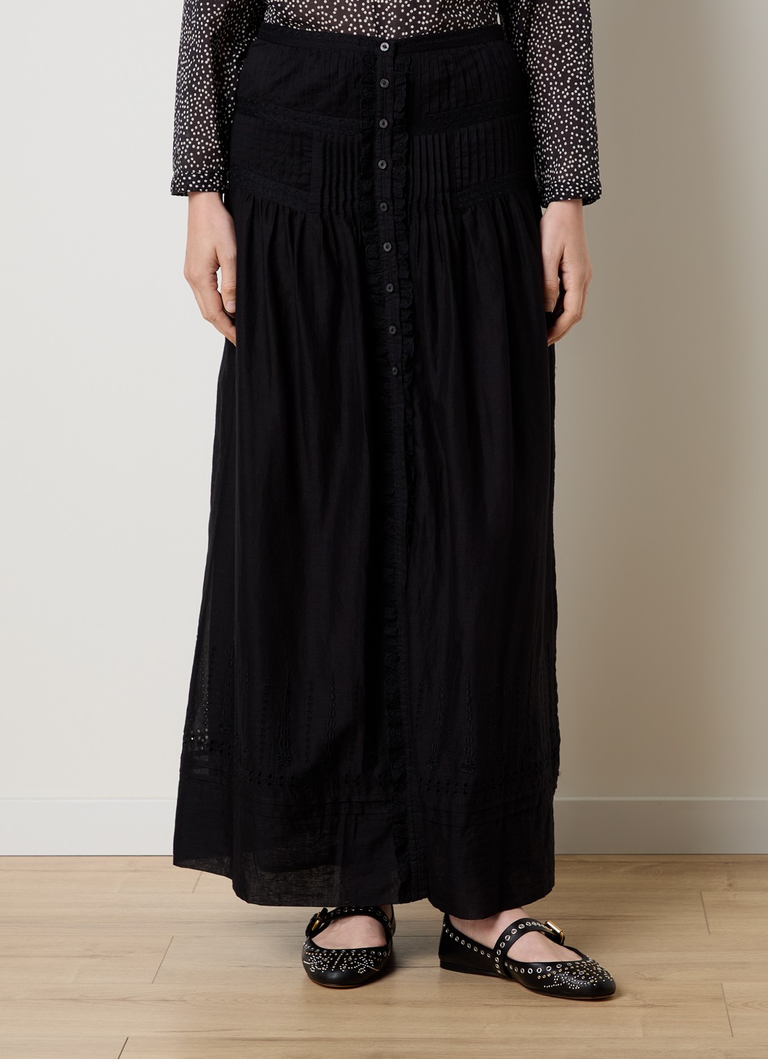 Isabel Marant Loraine maxi rok met borduring en volant - detail zwart