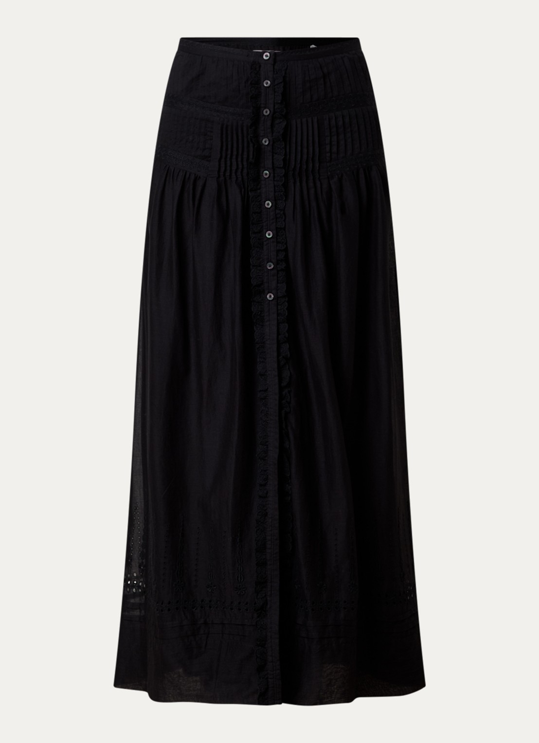Isabel Marant Loraine maxi rok met borduring en volant - voorkant 4 zwart