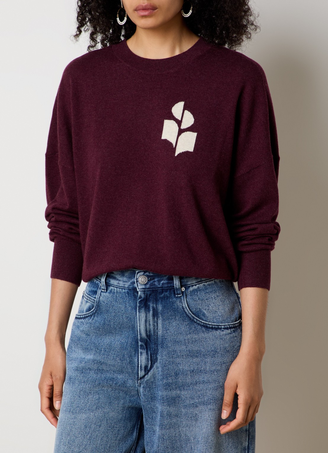 Isabel Marant Marisans fijngebreide pullover in wolblend met ingebreid logo  - detail aubergine