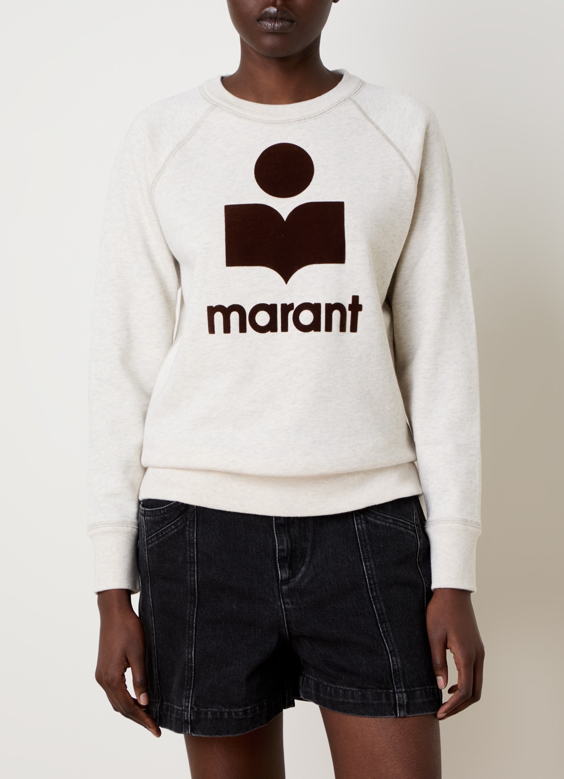 Isabel Marant Milly sweater met gemêleerd dessin en flock logoprint - detail grijsmele