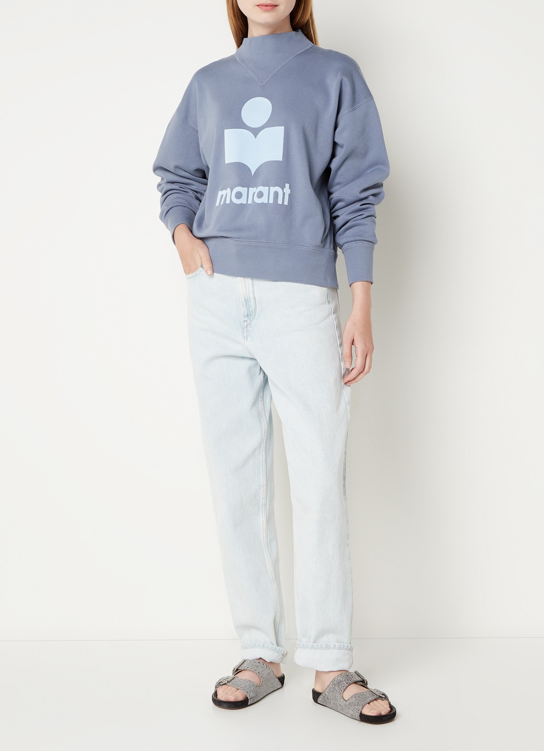 Isabel Marant Moby sweater met flock logoprint en opstaande kraag - voorkant 4 staalblauw