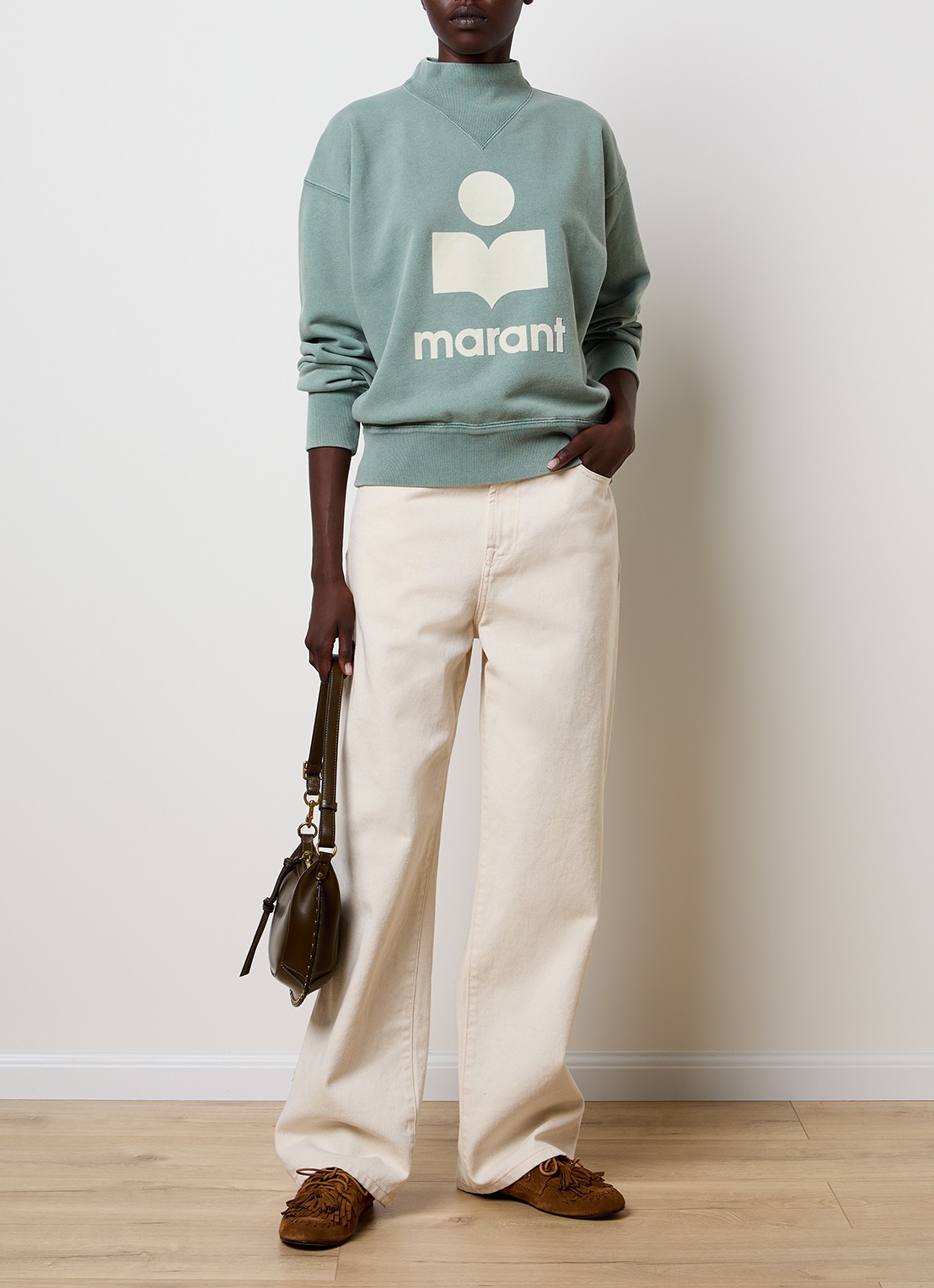 Isabel Marant Moby sweater met opstaande kraag en flock logoprint - voorkant 5 lindegroen