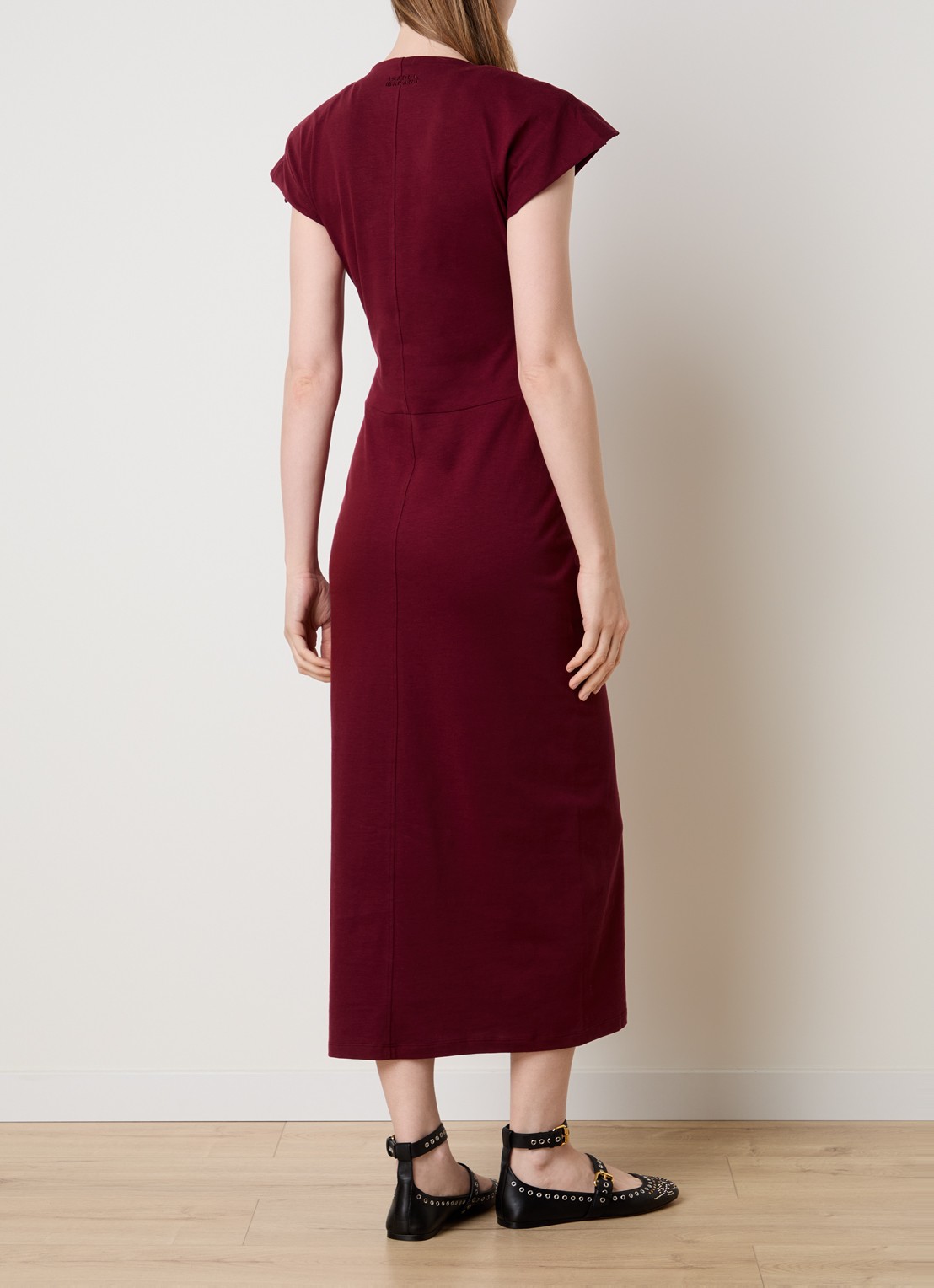 Isabel Marant Nadra midi jurk met schoudervulling en plooidetail - achterkant 3 cranberryrood