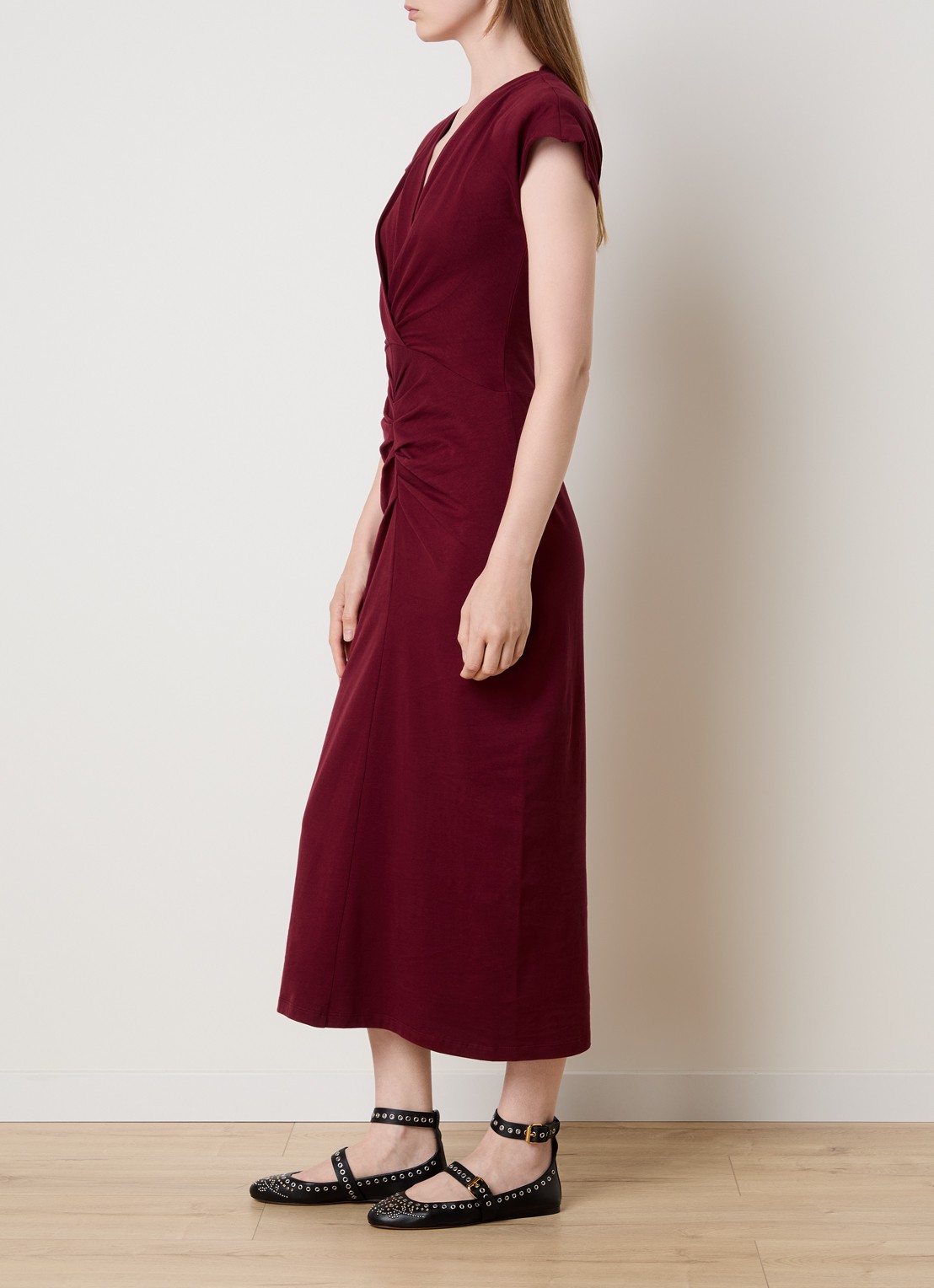 Isabel Marant Nadra midi jurk met schoudervulling en plooidetail - voorkant 5 cranberryrood
