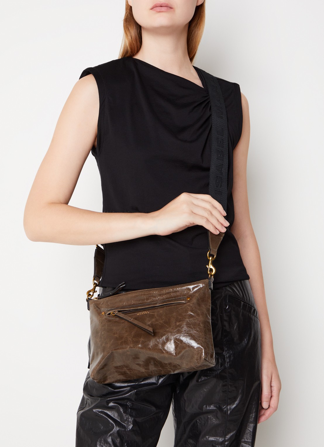 Isabel Marant Nessah crossbodytas van leer - voorkant 2 khaki