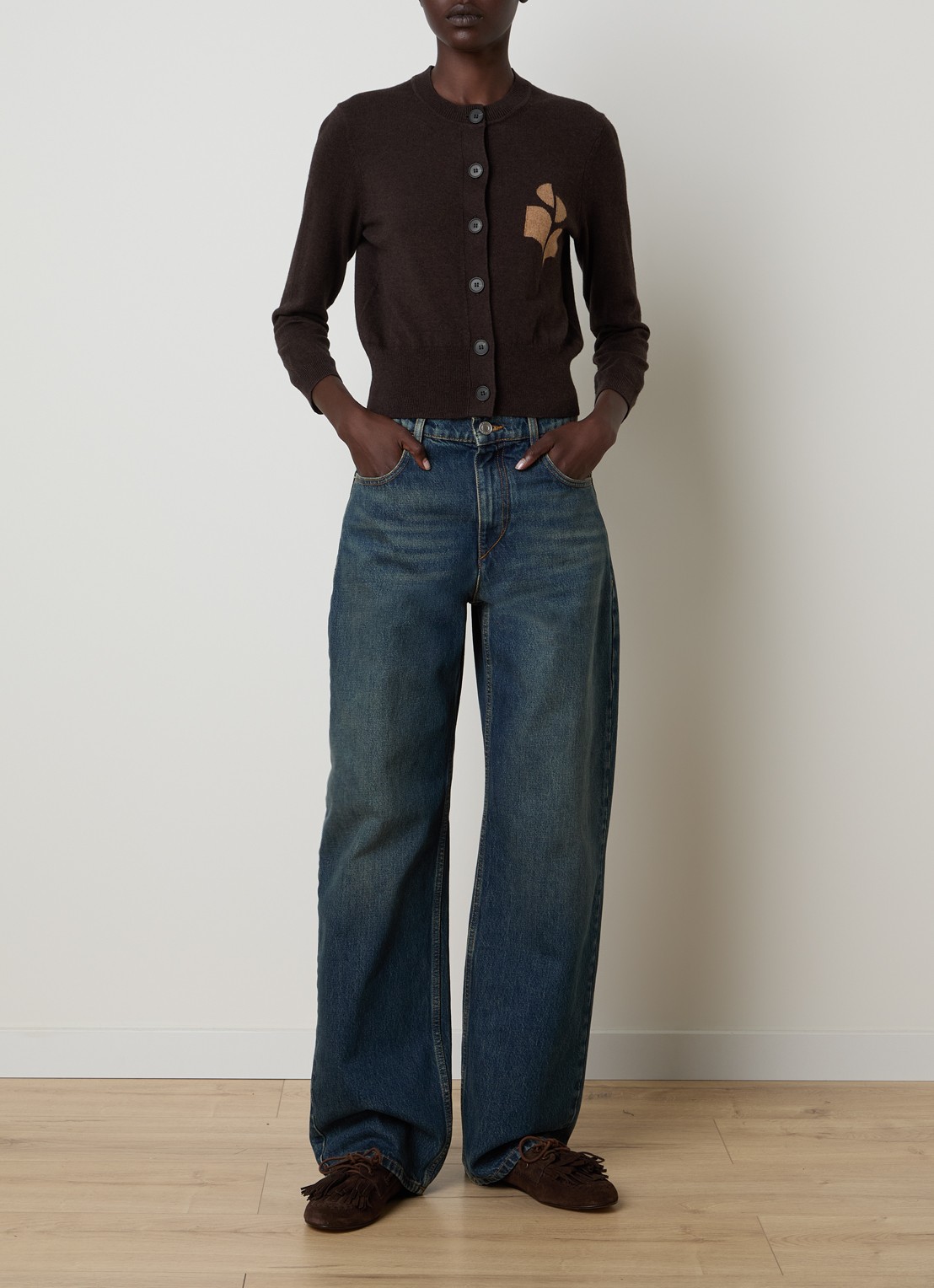 Isabel Marant Newton fijngebreid vest in wolblend met logo - voorkant 2 chocoladebruin