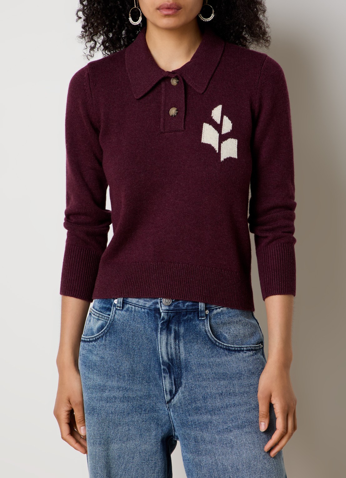 Isabel Marant Nola fijngebreide trui in wolblend met polokraag en ingebreid logo - detail aubergine