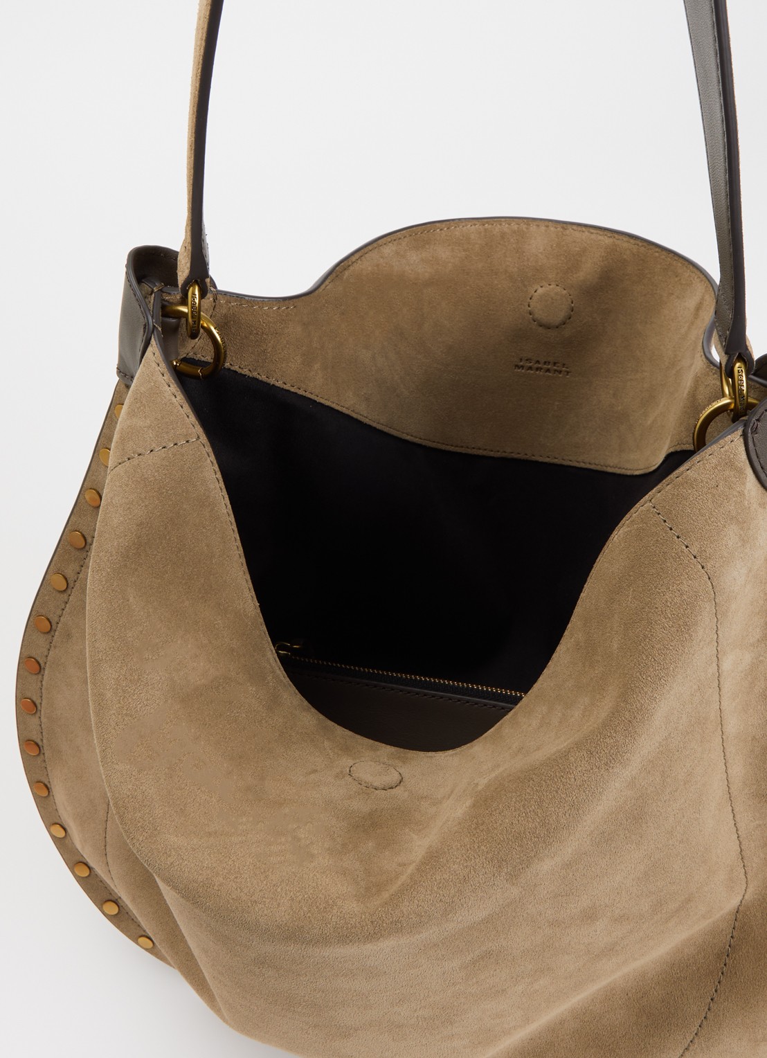 Isabel Marant Oskan Hobo schoudertas van kalfssuède met studs - detail zand