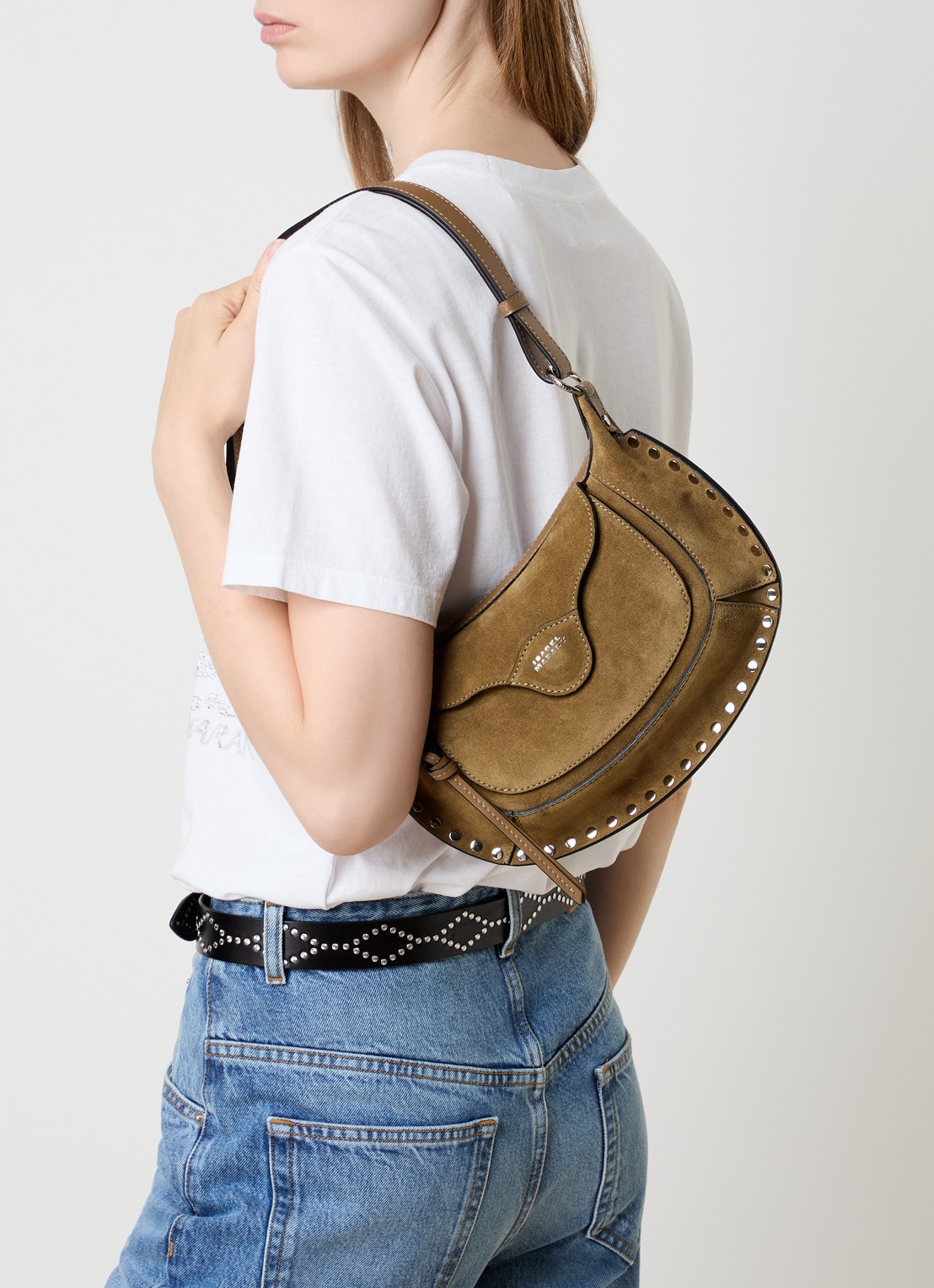 Isabel Marant Oskan Moon Pocket schoudertas van suède met studs en verstelbare schouderriem - voorkant 2 olijfgroen