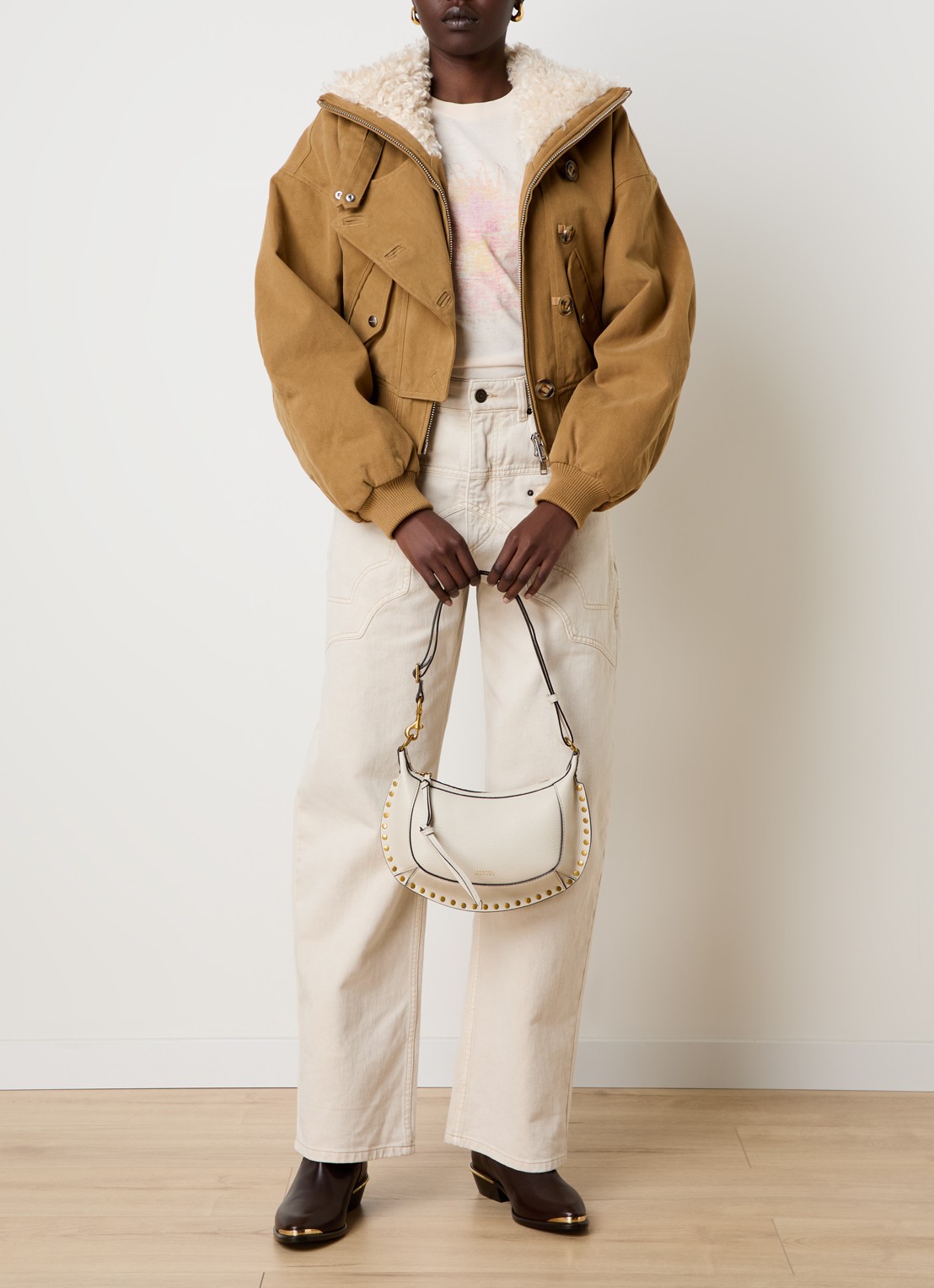 Isabel Marant Oskan Moon schoudertas van leer met studs - voorkant 8 gebroken wit