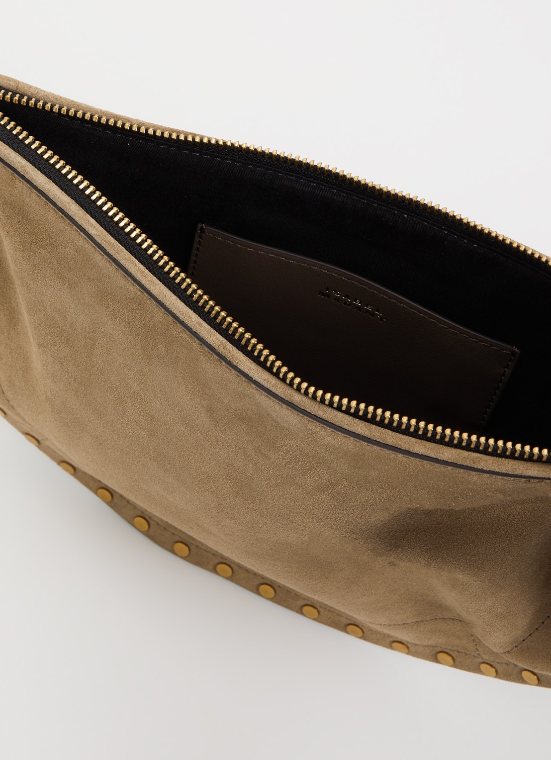 Isabel Marant Oskan Soft Zip schoudertas van suède met studs en afneembare schouderriem - detail donkerbeige